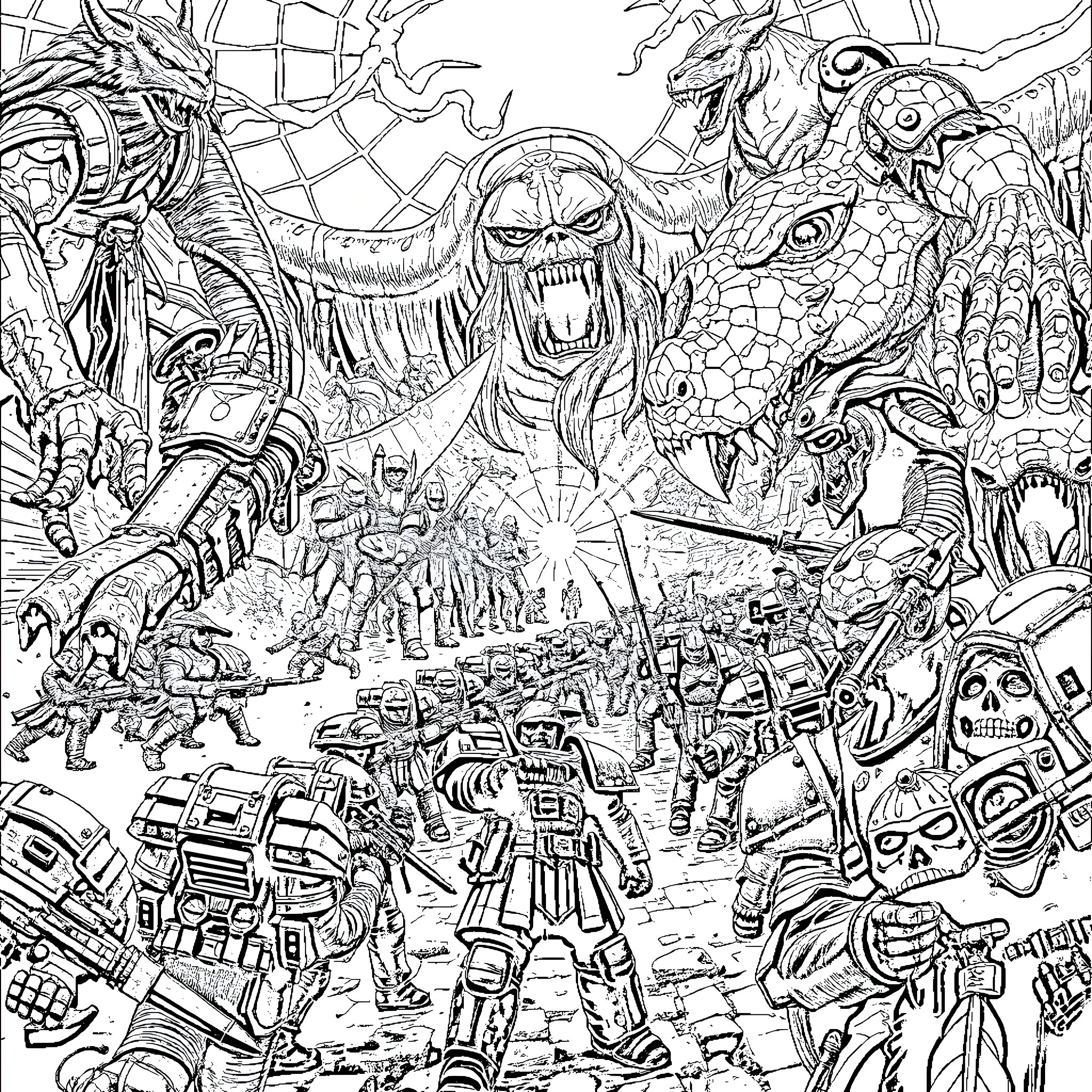 Warhammer Epic Battle with Monstrous Creatures Coloring Page (free black-and-white line drawing printable PDF for all, from beginners to advanced learners, including children, teens, adults, and seniors)