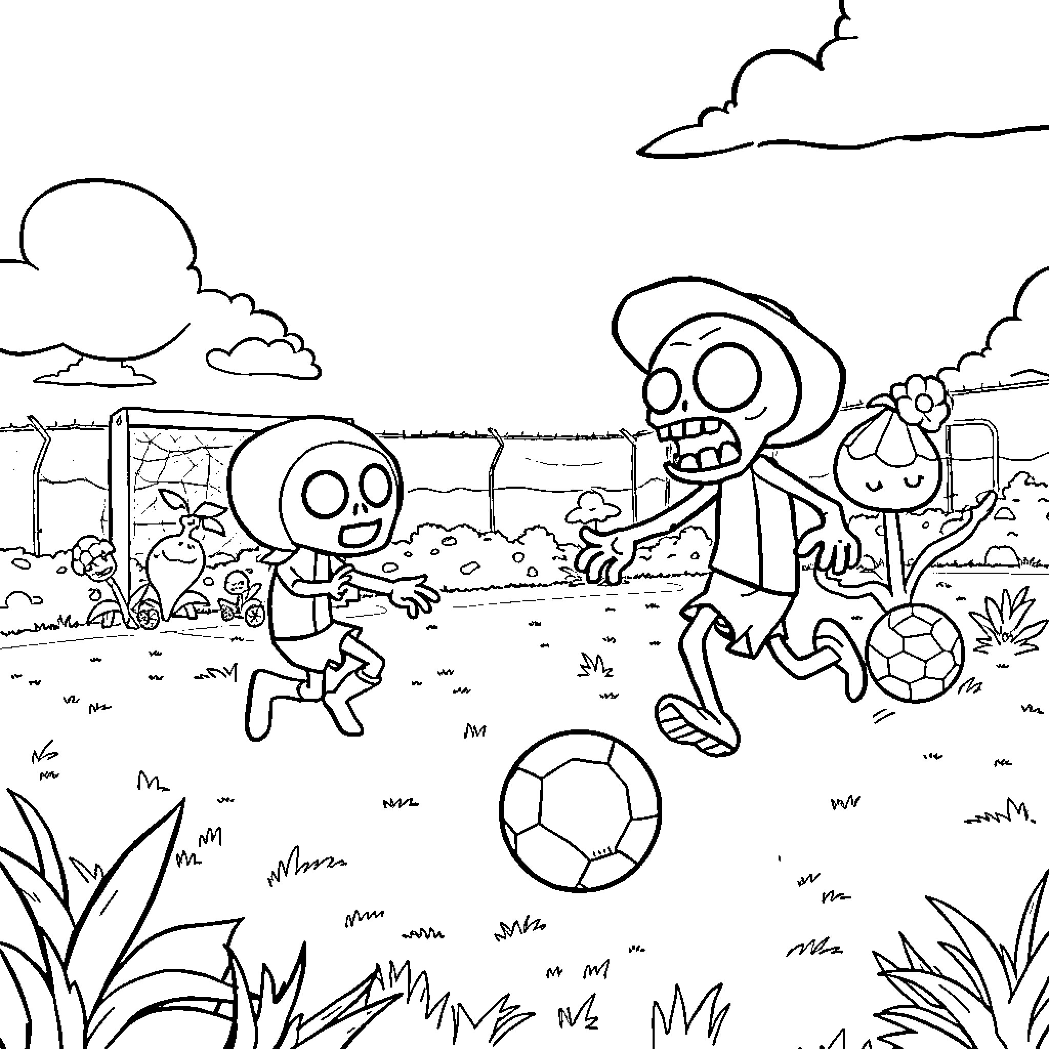 Plants vs. Zombies: Soccer Match Mayhem Coloring Page (free black-and-white line drawing printable PDF for all, from beginners to advanced learners, including children, teens, adults, and seniors)