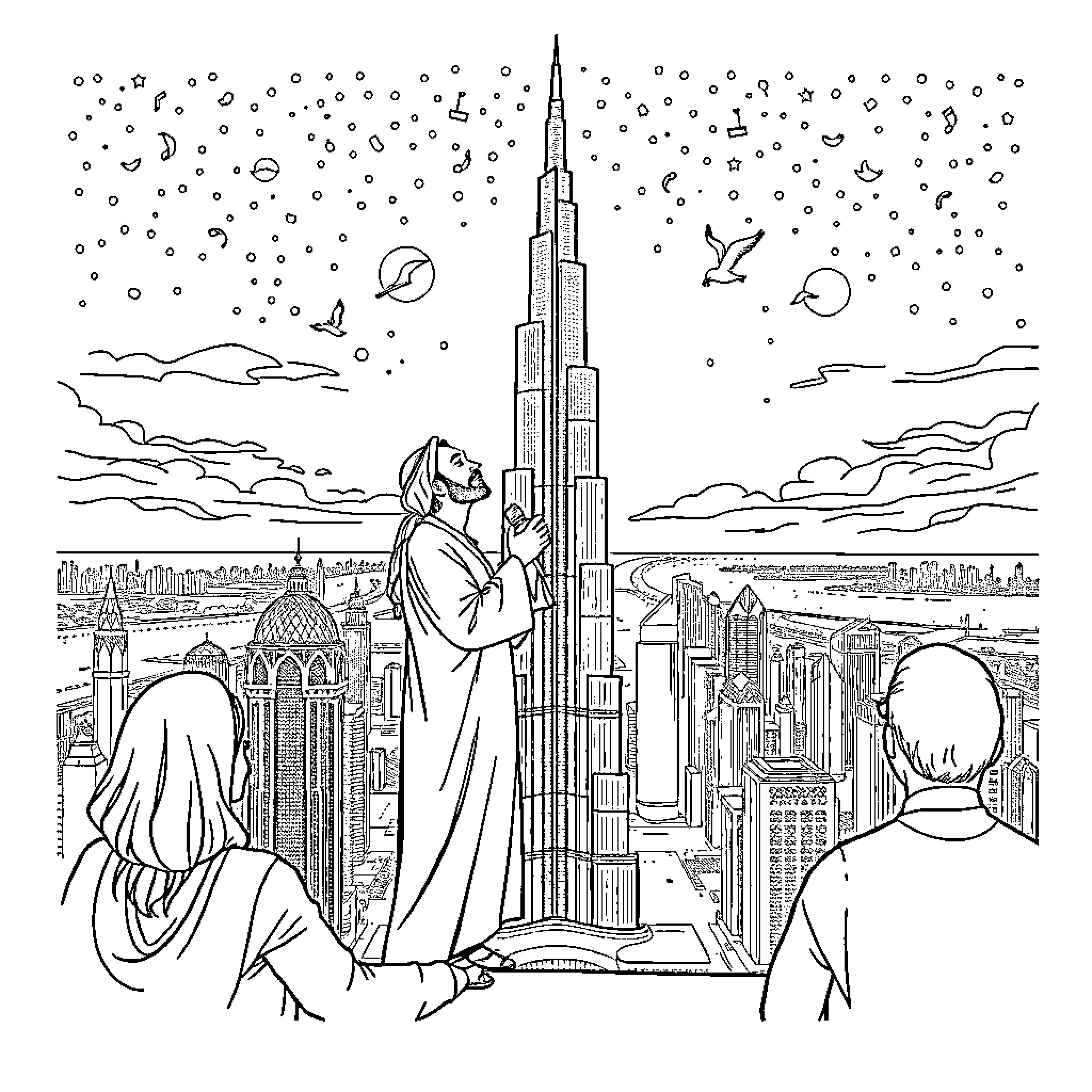 Rumi's contemplation of the towering city skyline Coloring Page (free black-and-white line drawing printable PDF for all, from beginners to advanced learners, including children, teens, adults, and seniors)
