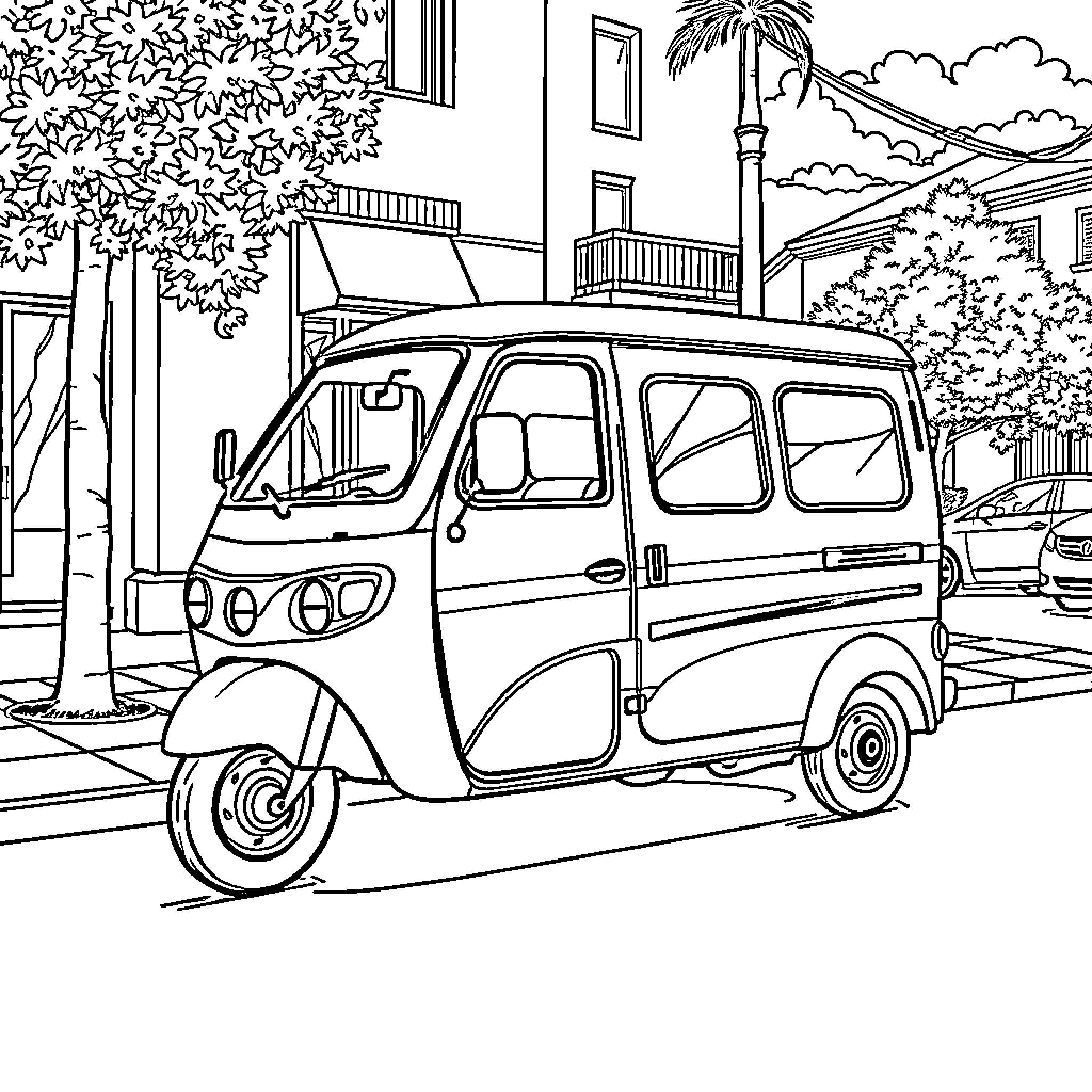 Piaggio Ape carrying passengers through urban streets Coloring Page (free black-and-white line drawing printable PDF for all, from beginners to advanced learners, including children, teens, adults, and seniors)