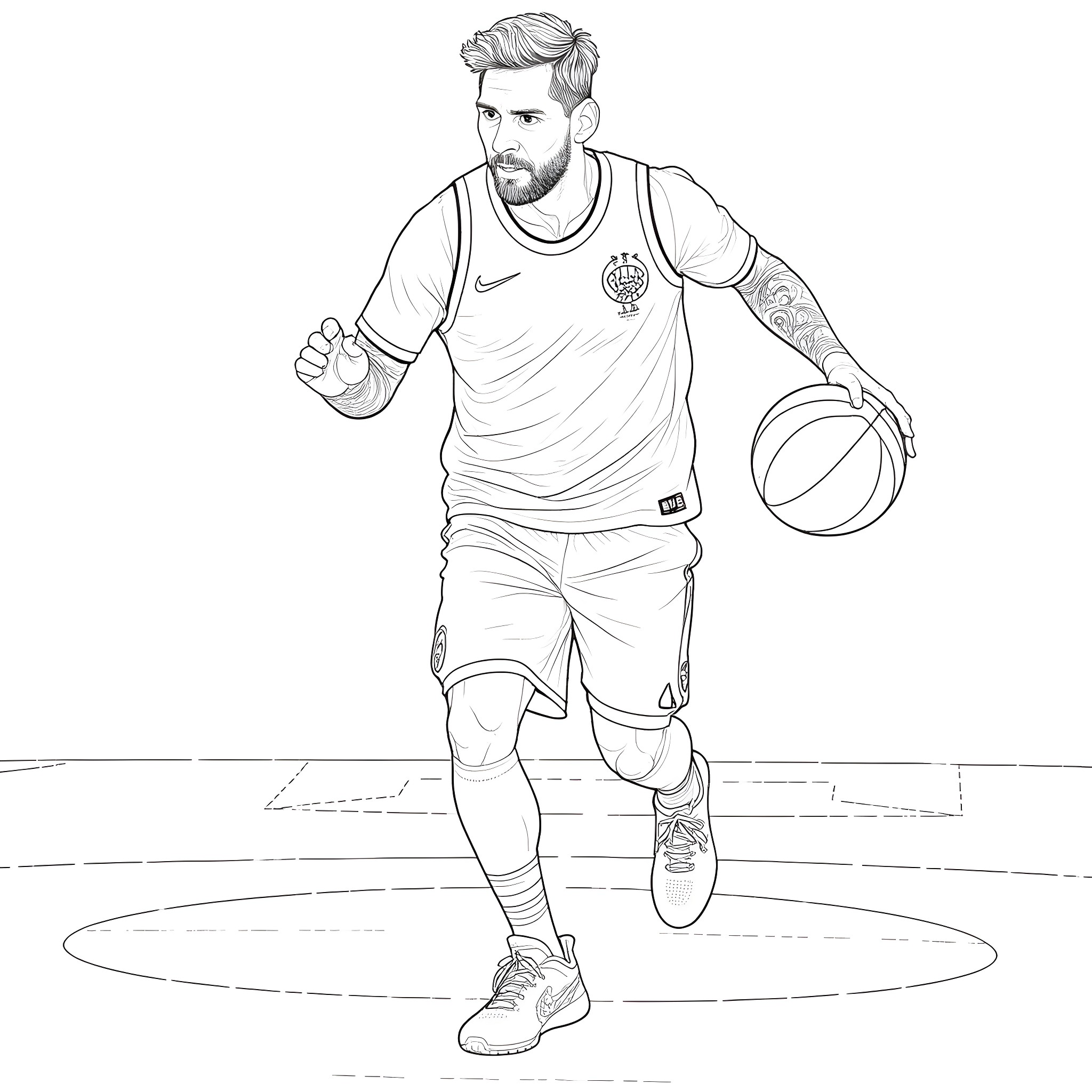 Messi dribbling with basketball on the court Coloring Page (free black-and-white line drawing printable PDF for all, from beginners to advanced learners, including children, teens, adults, and seniors)