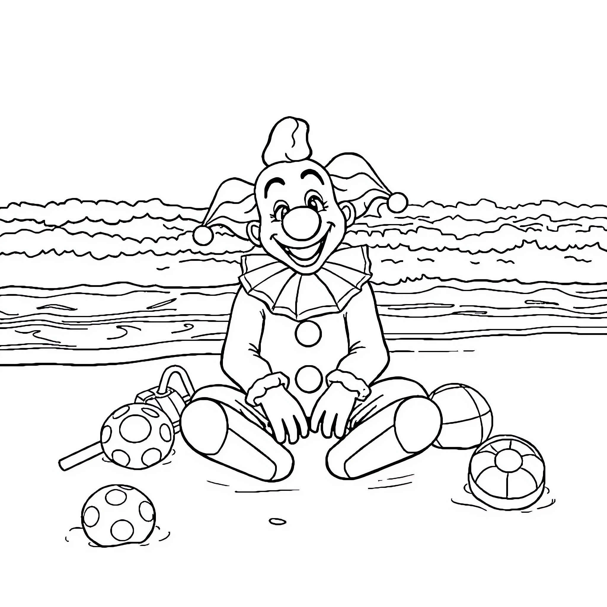 Art The Clown playing on the beach Coloring Page (free black-and-white line drawing printable PDF for all, from beginners to advanced learners, including children, teens, adults, and seniors)