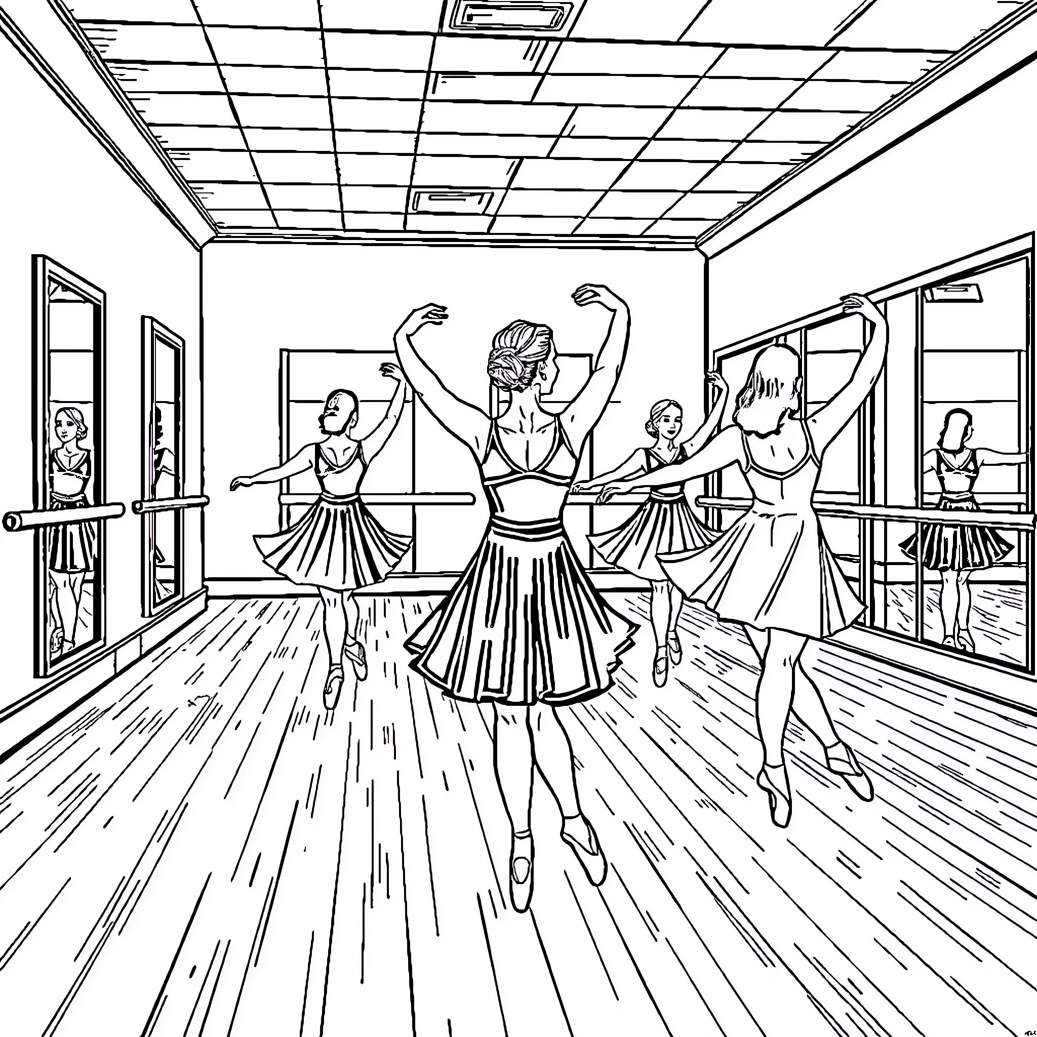 Ballet Dancers Performing on Stage Coloring Page (free black-and-white line drawing printable PDF for all, from beginners to advanced learners, including children, teens, adults, and seniors)
