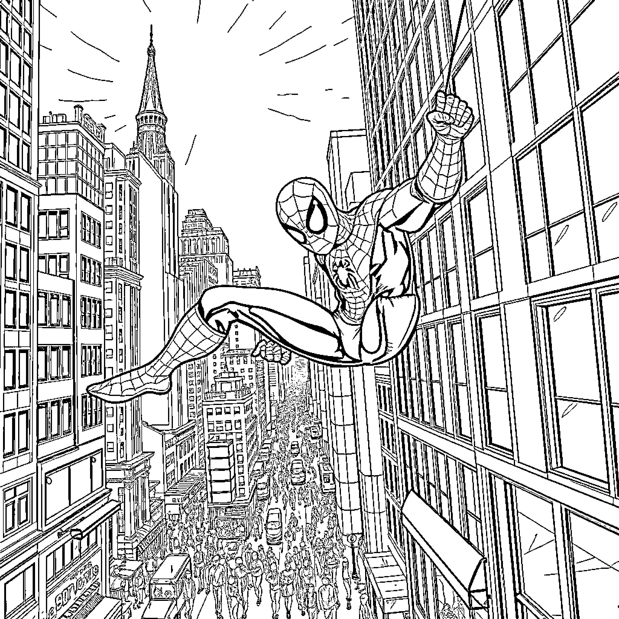 Spiderman swinging through the city skyline Coloring Page (free black-and-white line drawing printable PDF for all, from beginners to advanced learners, including children, teens, adults, and seniors)