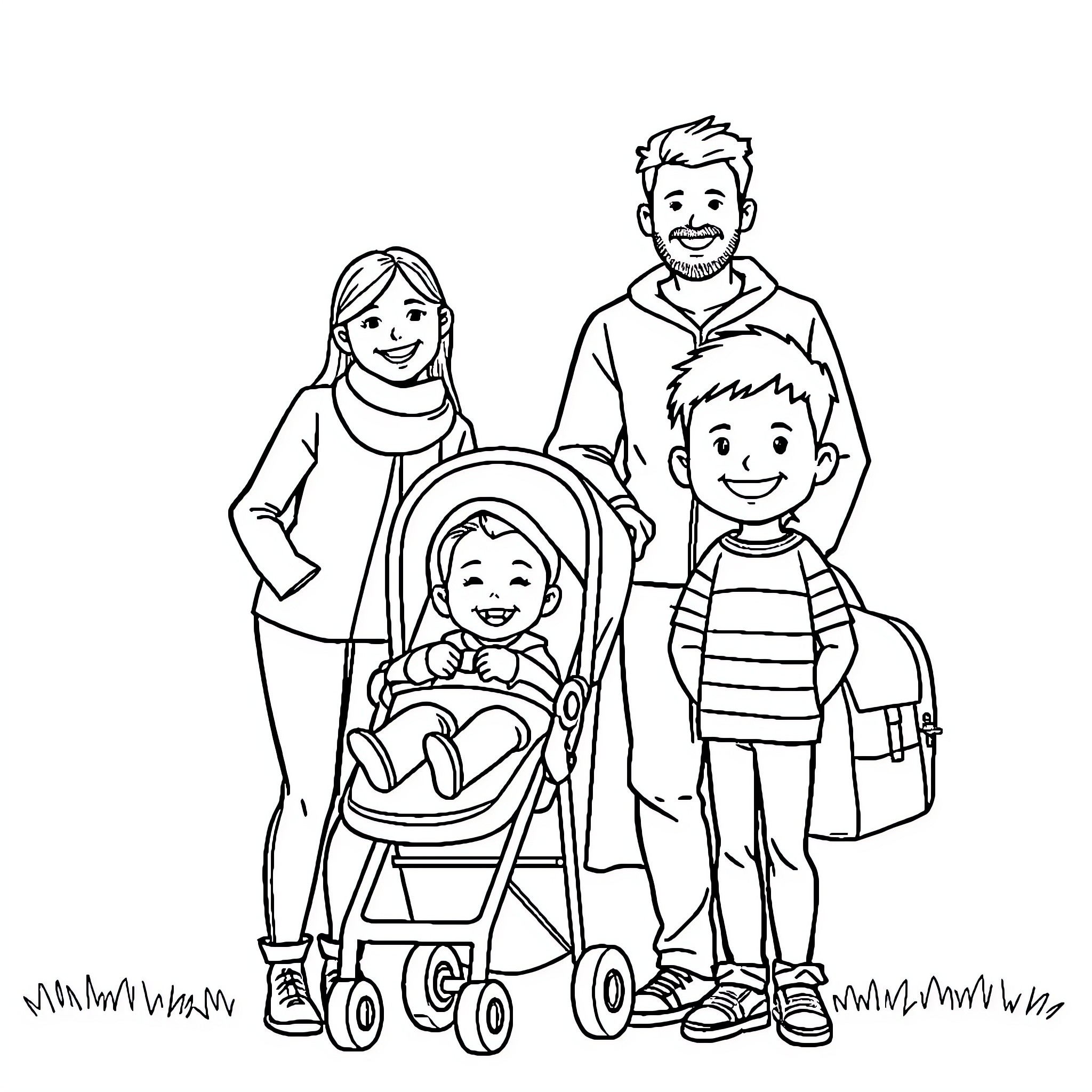Family enjoying a day out with young child Coloring Page (free black-and-white line drawing printable PDF for all, from beginners to advanced learners, including children, teens, adults, and seniors)