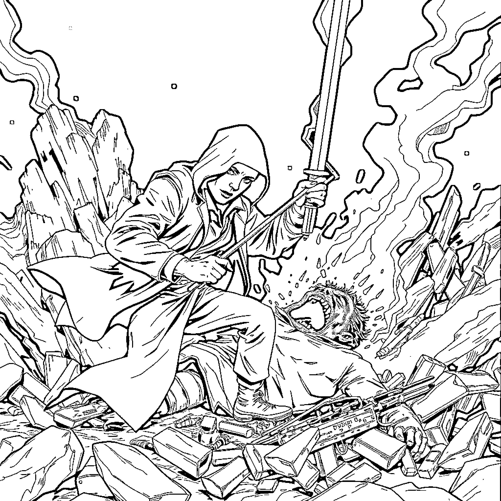Pursuer wielding sword in dramatic battle scene Coloring Page (free black-and-white line drawing printable PDF for all, from beginners to advanced learners, including children, teens, adults, and seniors)