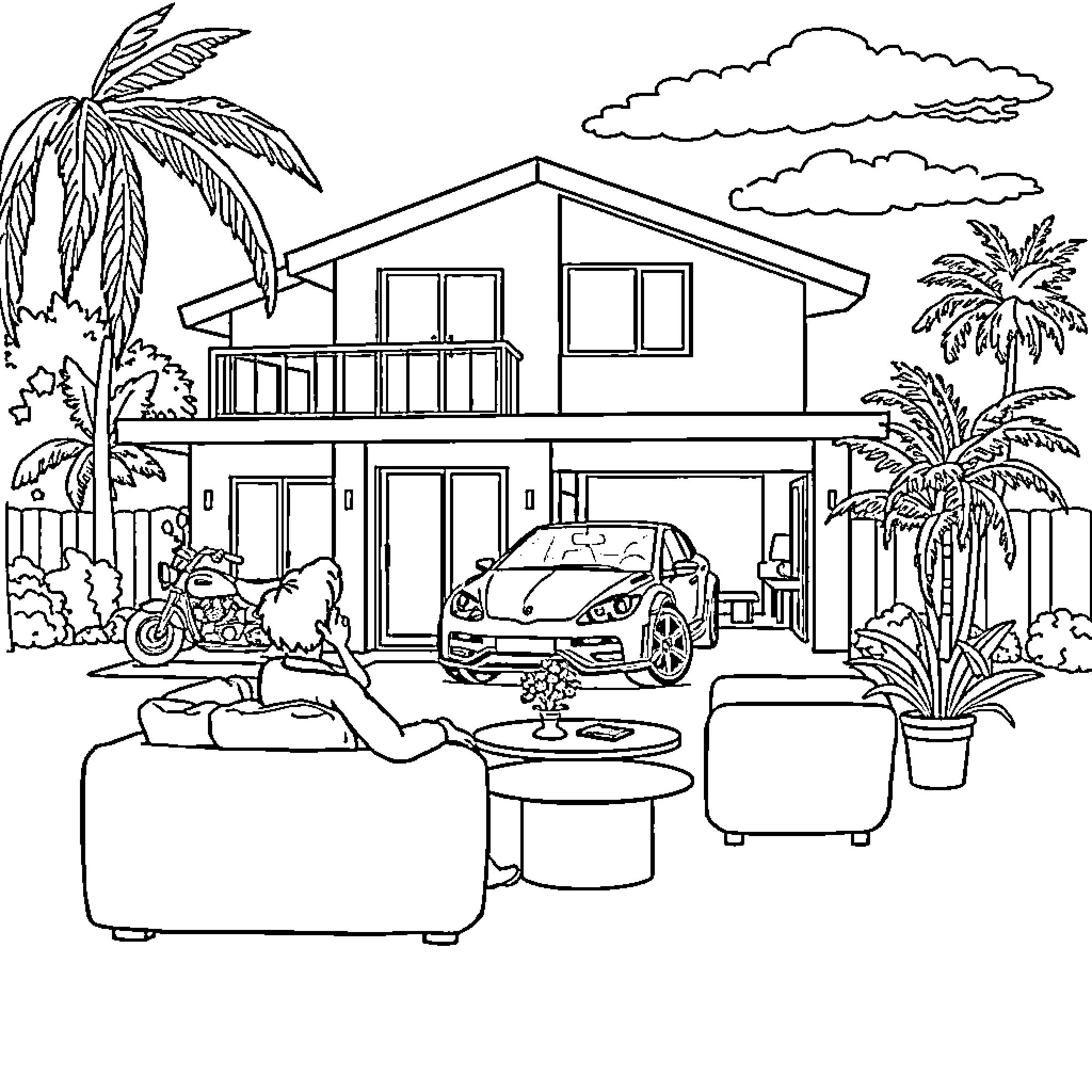 House with modern architecture and tropical scenery Coloring Page (free black-and-white line drawing printable PDF for all, from beginners to advanced learners, including children, teens, adults, and seniors)
