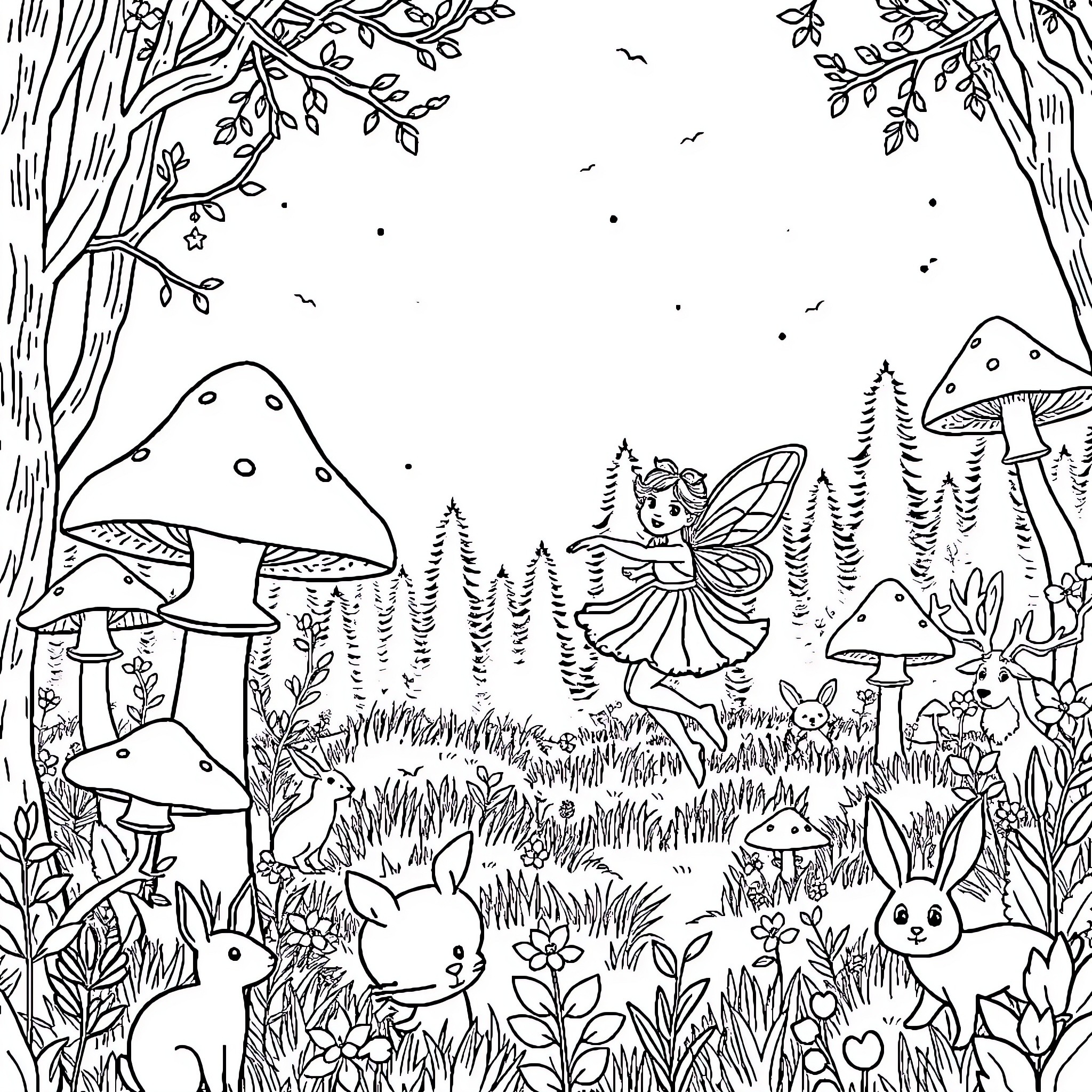 Mushroom Fairy dancing in the enchanted forest Coloring Page (free black-and-white line drawing printable PDF for all, from beginners to advanced learners, including children, teens, adults, and seniors)