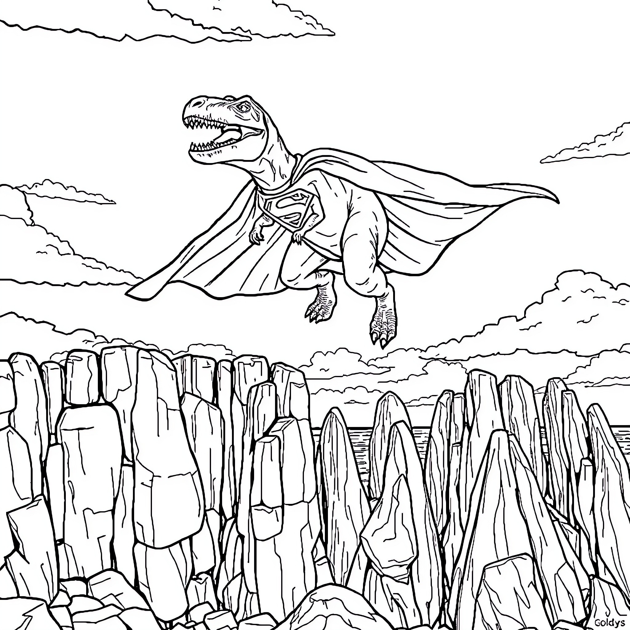 T-Rex soaring over majestic cliffs and canyons Coloring Page (free black-and-white line drawing printable PDF for all, from beginners to advanced learners, including children, teens, adults, and seniors)