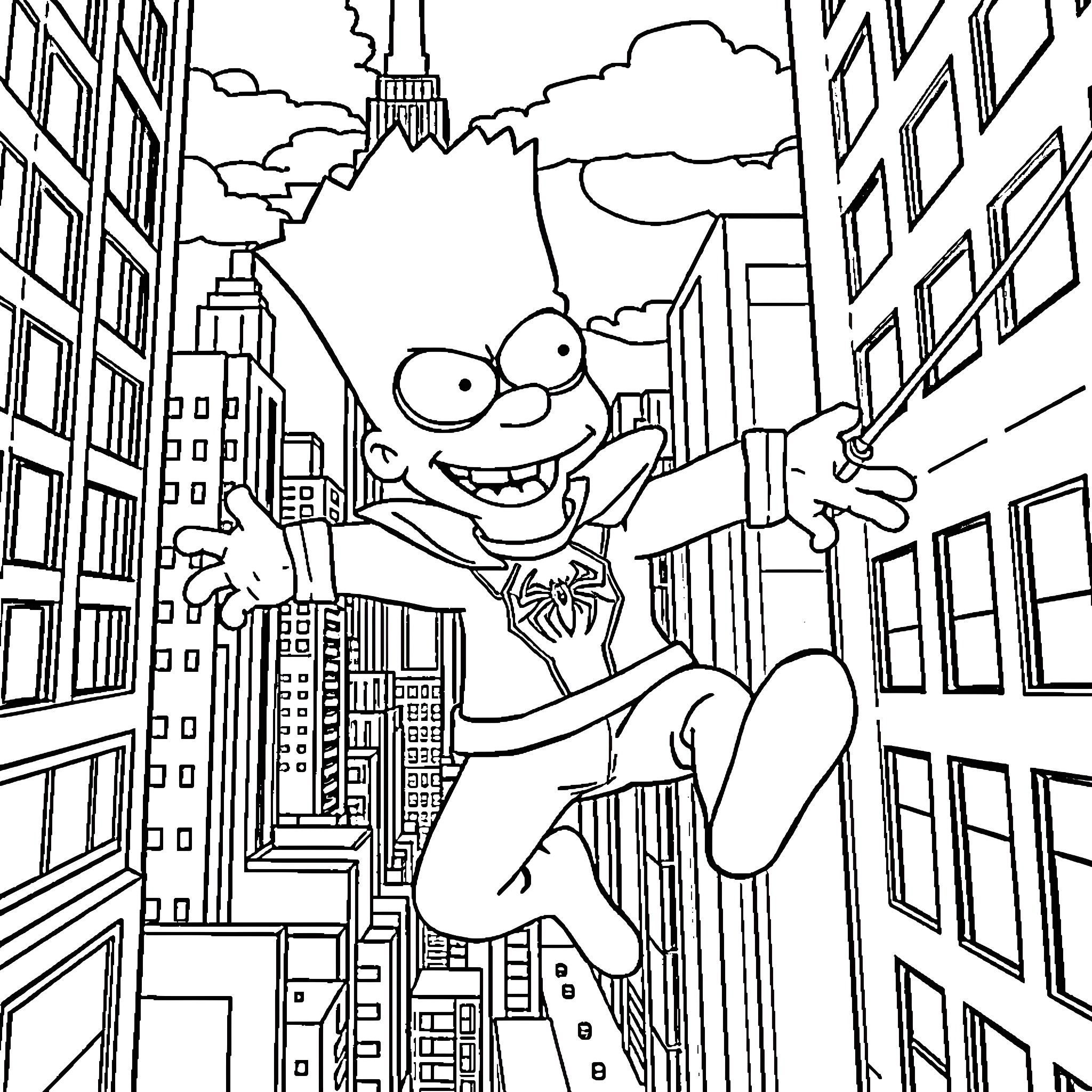 Bart Simpson enjoying the view in the city Coloring Page (free black-and-white line drawing printable PDF for all, from beginners to advanced learners, including children, teens, adults, and seniors)