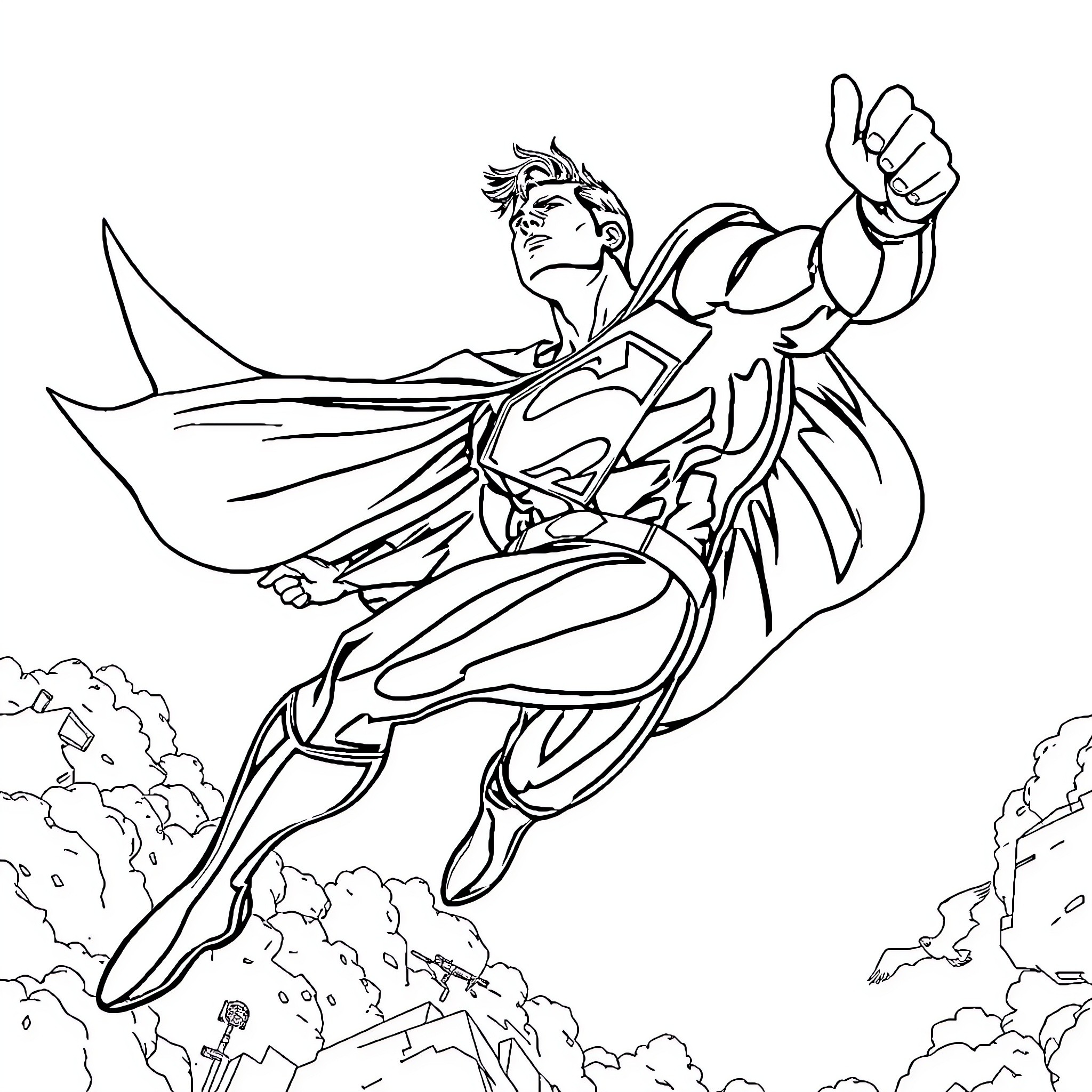 Superman soaring heroically through the sky Coloring Page (free black-and-white line drawing printable PDF for all, from beginners to advanced learners, including children, teens, adults, and seniors)