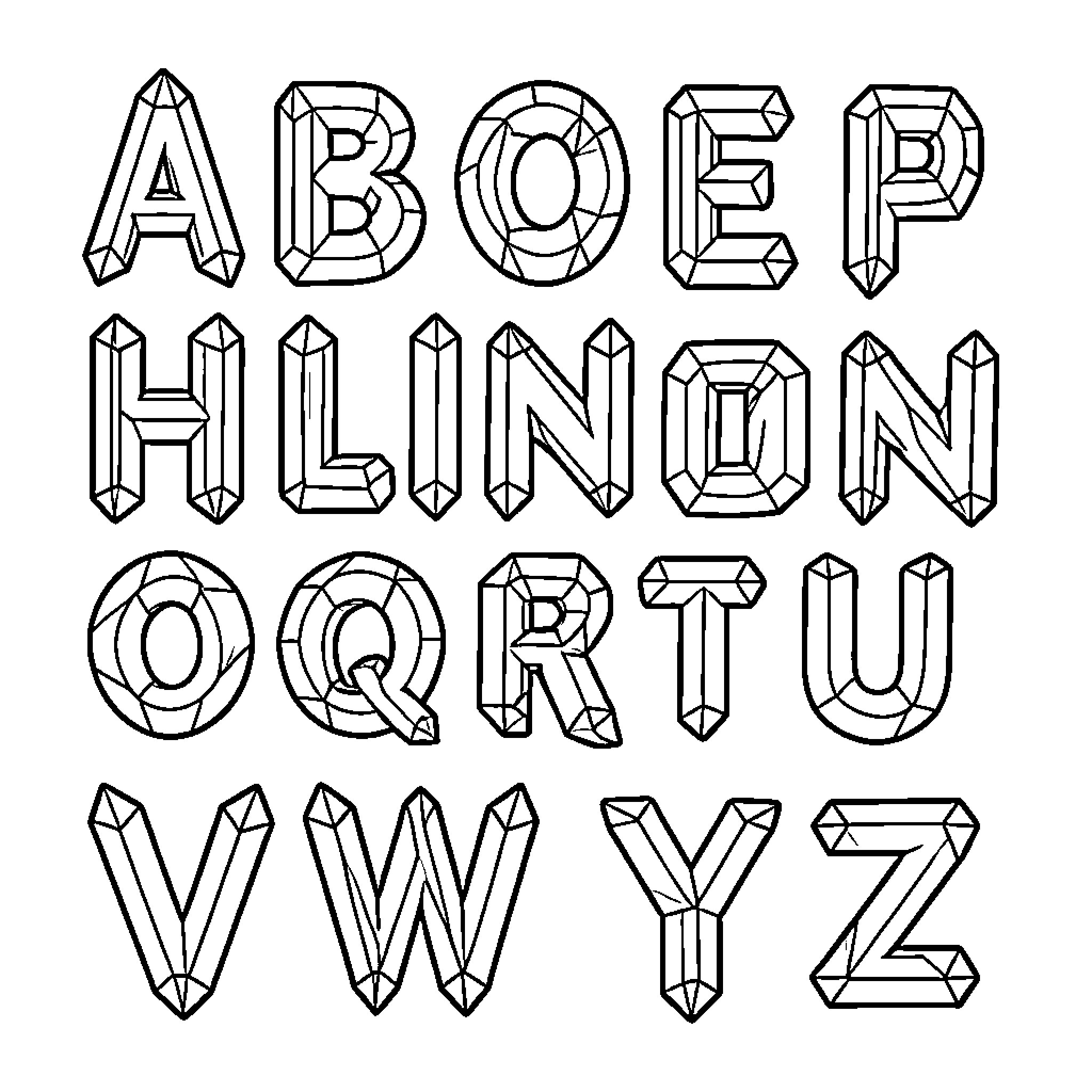 Crystal letters arranged in an artistic alphabet set Coloring Page (free black-and-white line drawing printable PDF for all, from beginners to advanced learners, including children, teens, adults, and seniors)