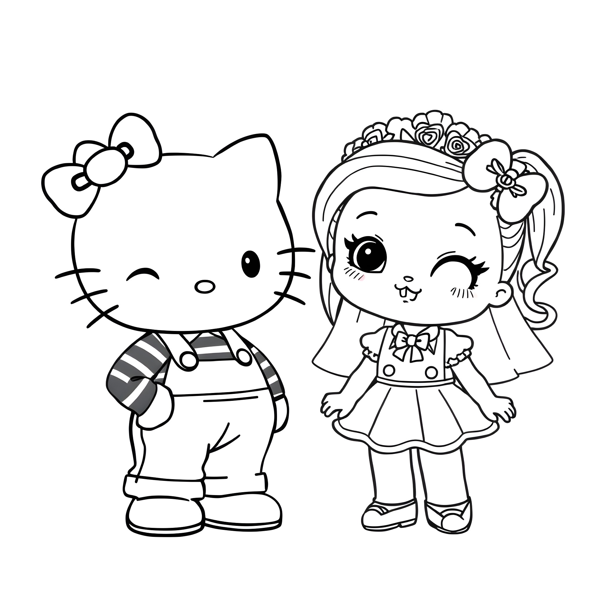 Hello Kitty and Cute Doll Playing Together Coloring Page (free black-and-white line drawing printable PDF for all, from beginners to advanced learners, including children, teens, adults, and seniors)