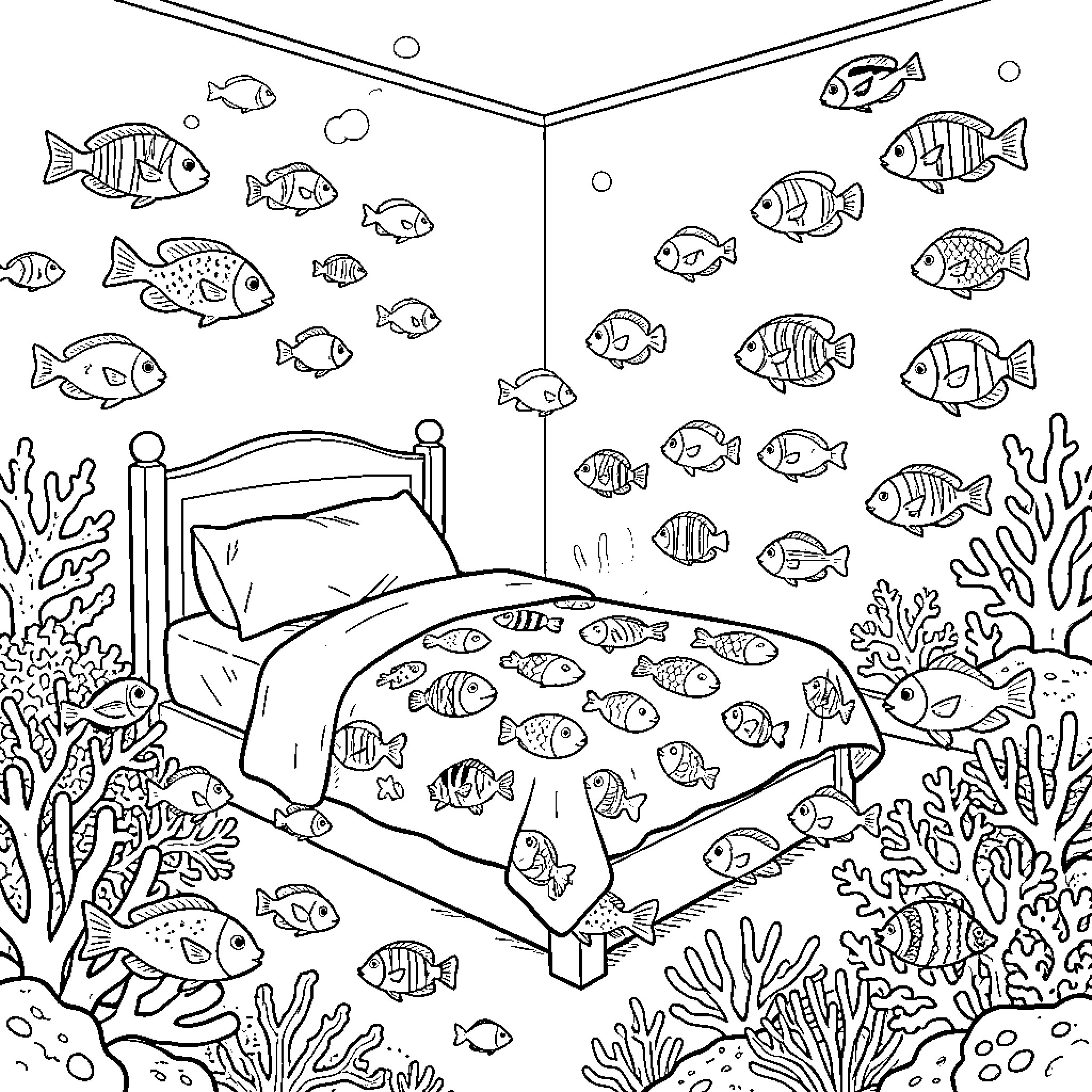 Fish decorate cozy underwater bedroom Coloring Page (free black-and-white line drawing printable PDF for all, from beginners to advanced learners, including children, teens, adults, and seniors)