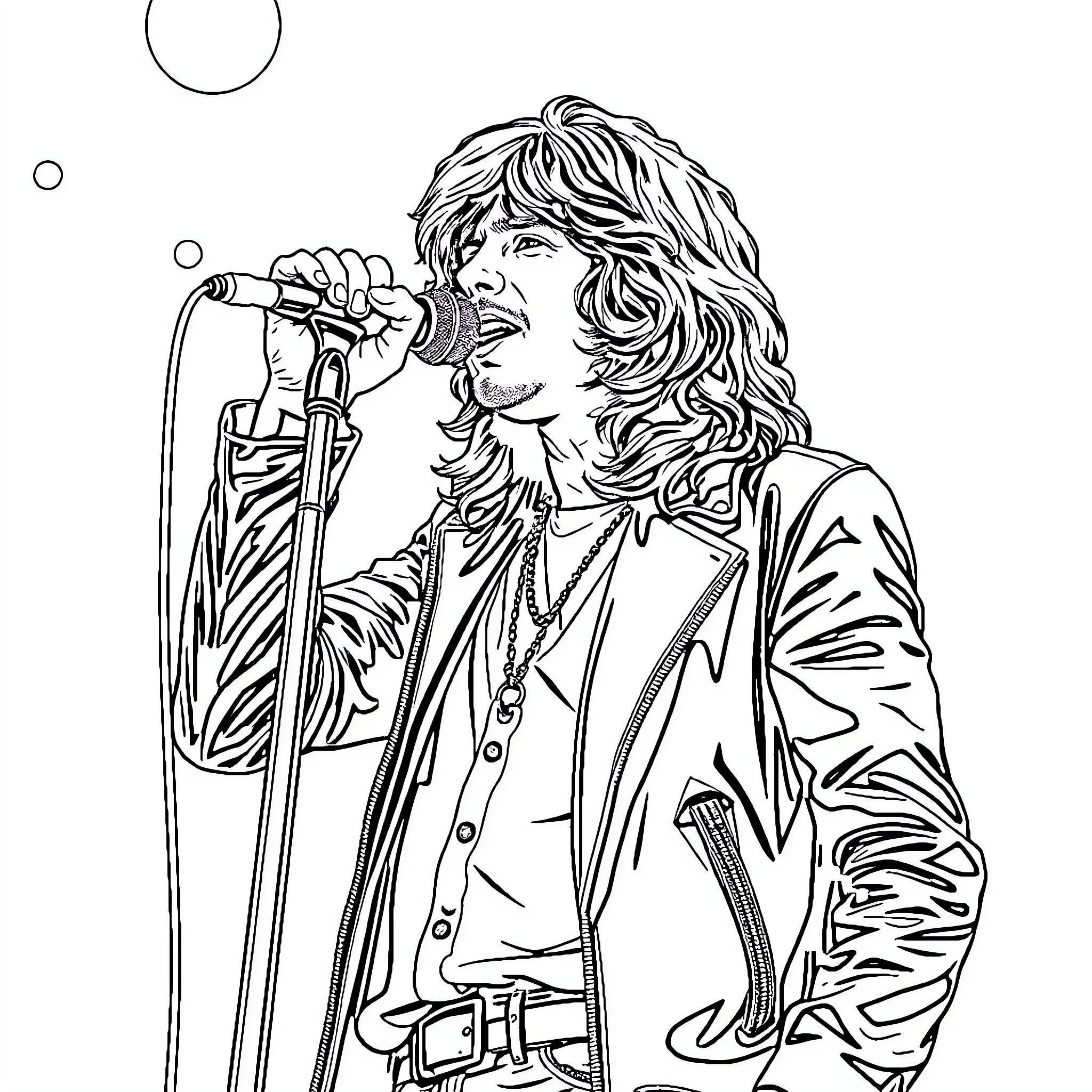 Jim Morrison performing on stage with intensity Coloring Page (free black-and-white line drawing printable PDF for all, from beginners to advanced learners, including children, teens, adults, and seniors)