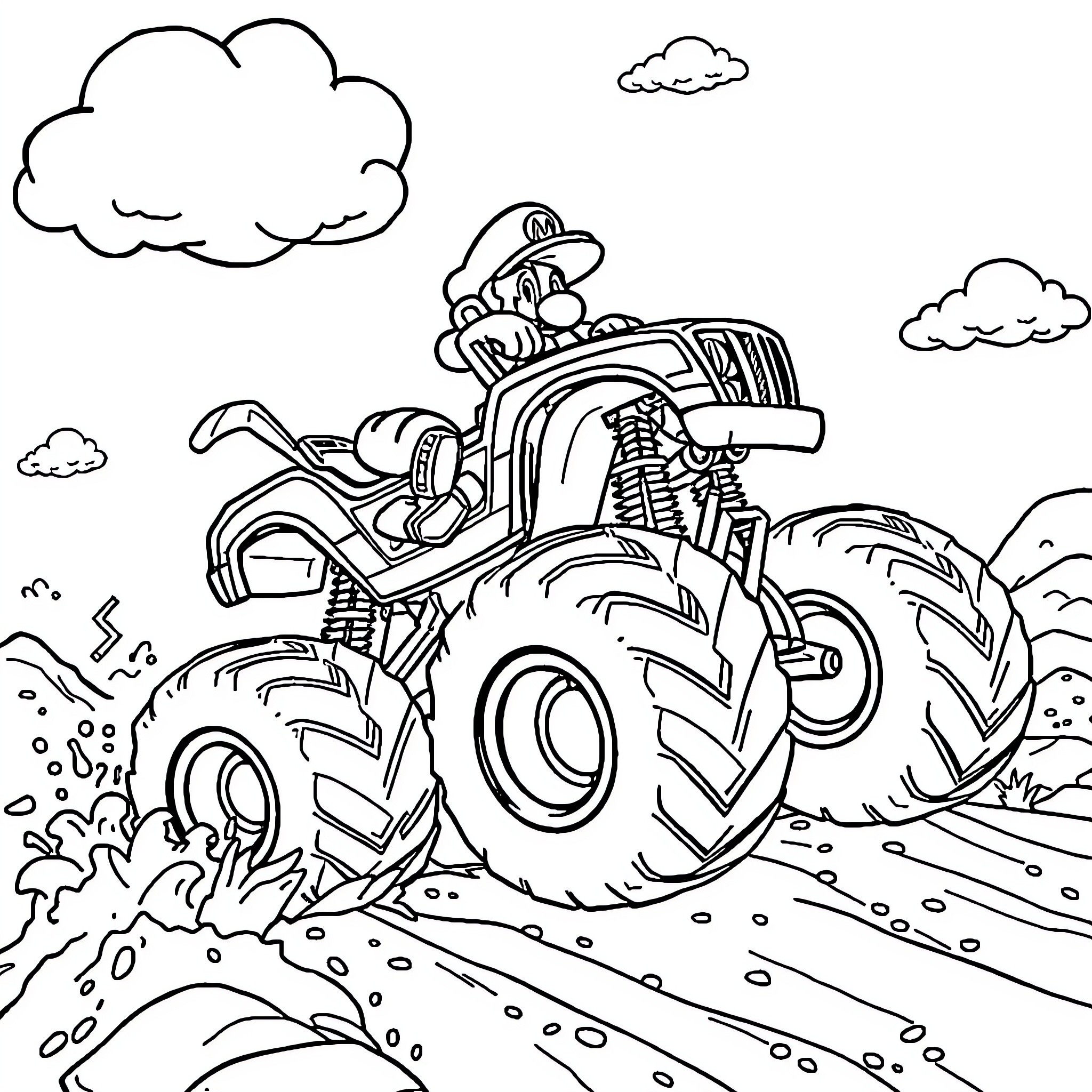 Mario riding a monster truck in the outdoors Coloring Page (free black-and-white line drawing printable PDF for all, from beginners to advanced learners, including children, teens, adults, and seniors)