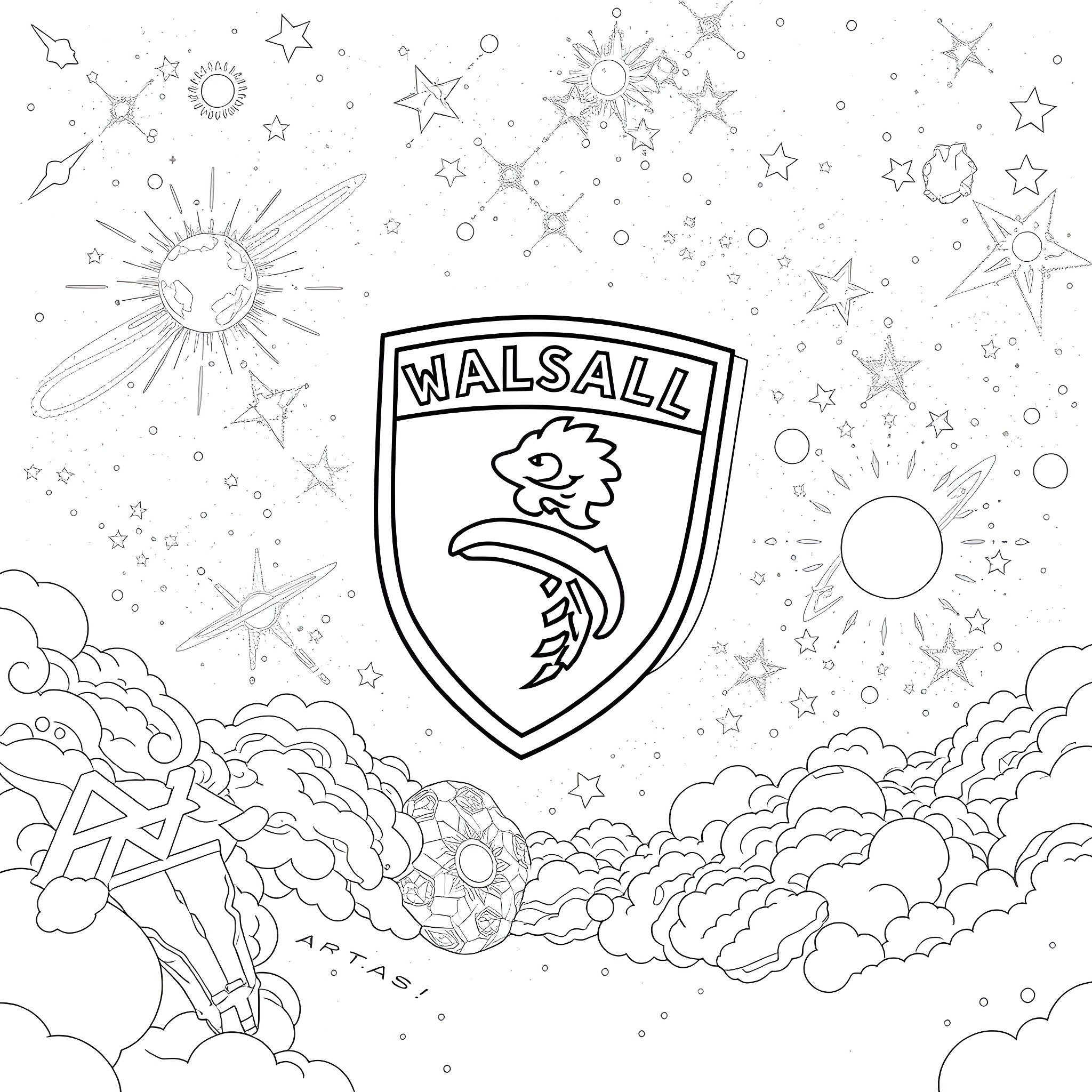 Walsall FC logo in starry sky Coloring Page (free black-and-white line drawing printable PDF for all, from beginners to advanced learners, including children, teens, adults, and seniors)