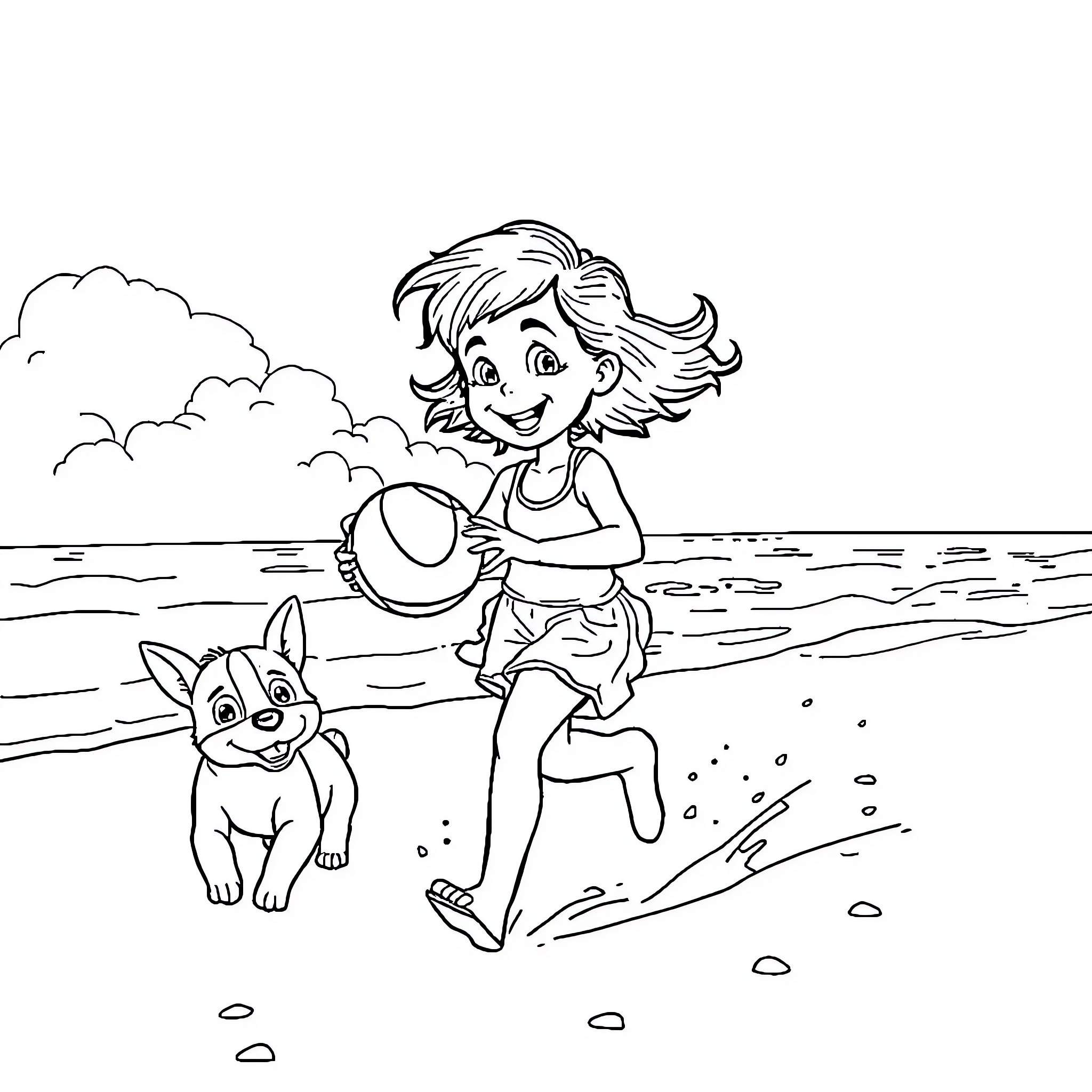 Child playing happily with pet on the beach Coloring Page (free black-and-white line drawing printable PDF for all, from beginners to advanced learners, including children, teens, adults, and seniors)