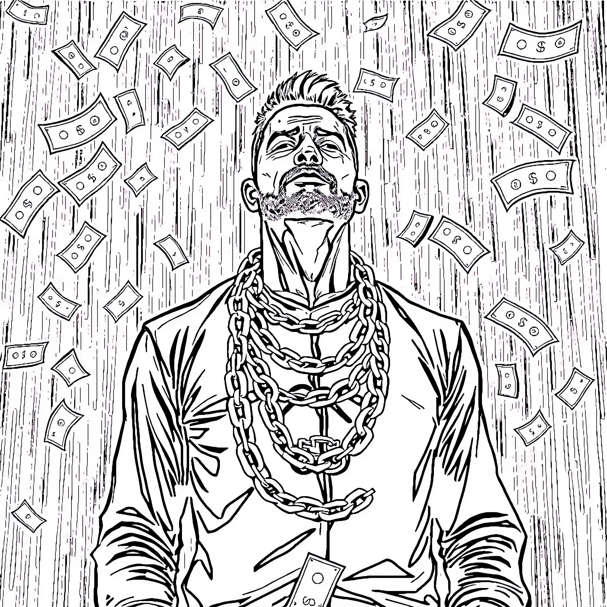 Man surrounded by falling money in an opulent scene Coloring Page (free black-and-white line drawing printable PDF for all, from beginners to advanced learners, including children, teens, adults, and seniors)