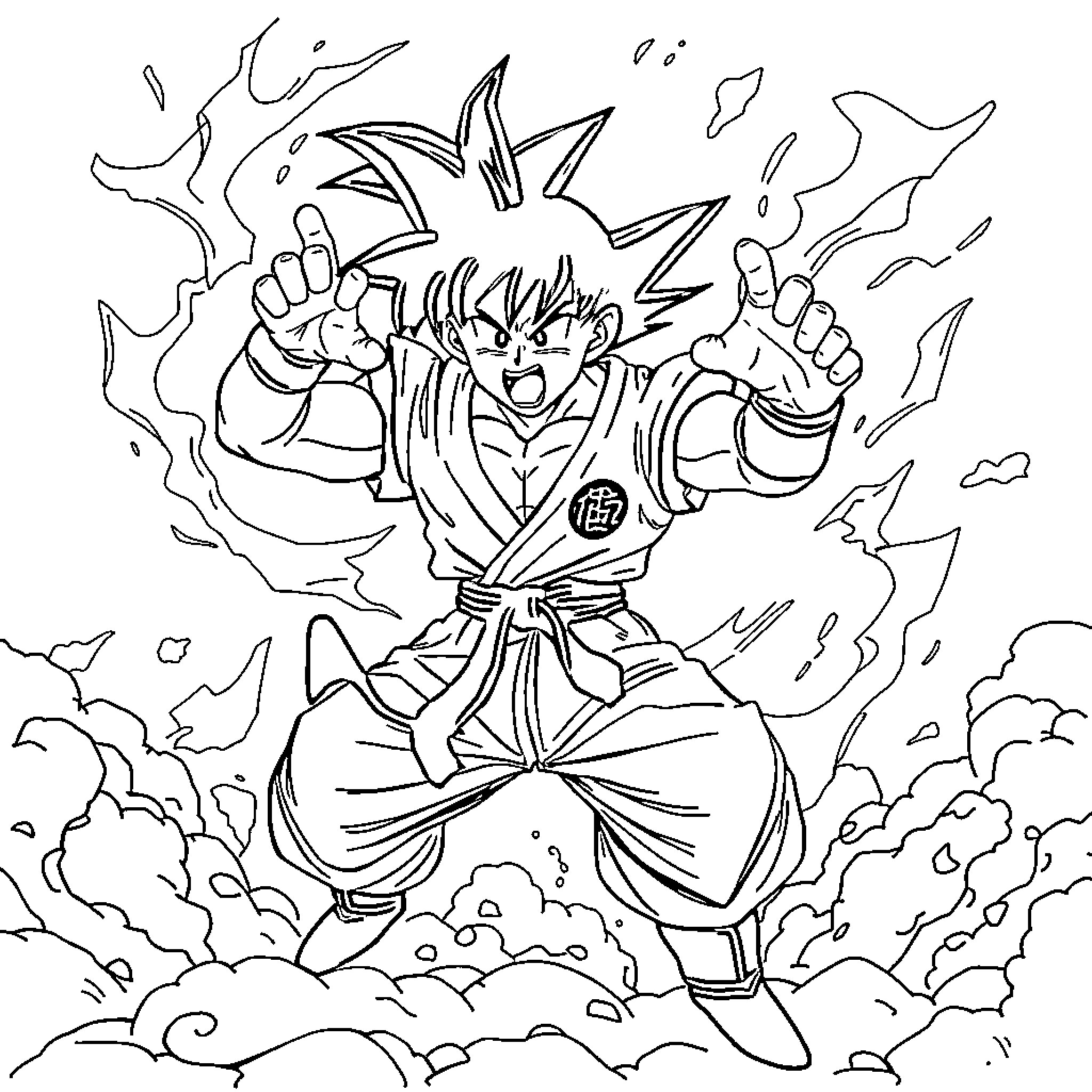 Goku unleashing powerful energy attack Coloring Page (free black-and-white line drawing printable PDF for all, from beginners to advanced learners, including children, teens, adults, and seniors)