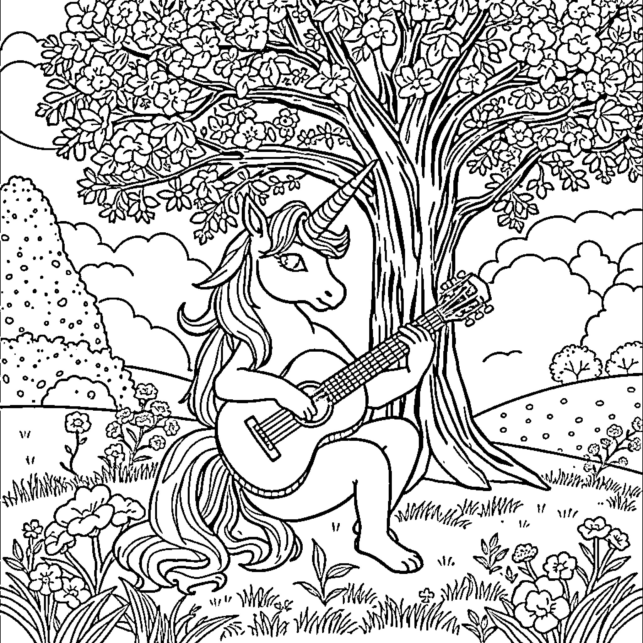 Unicorn playing guitar under flowering tree Coloring Page (free black-and-white line drawing printable PDF for all, from beginners to advanced learners, including children, teens, adults, and seniors)