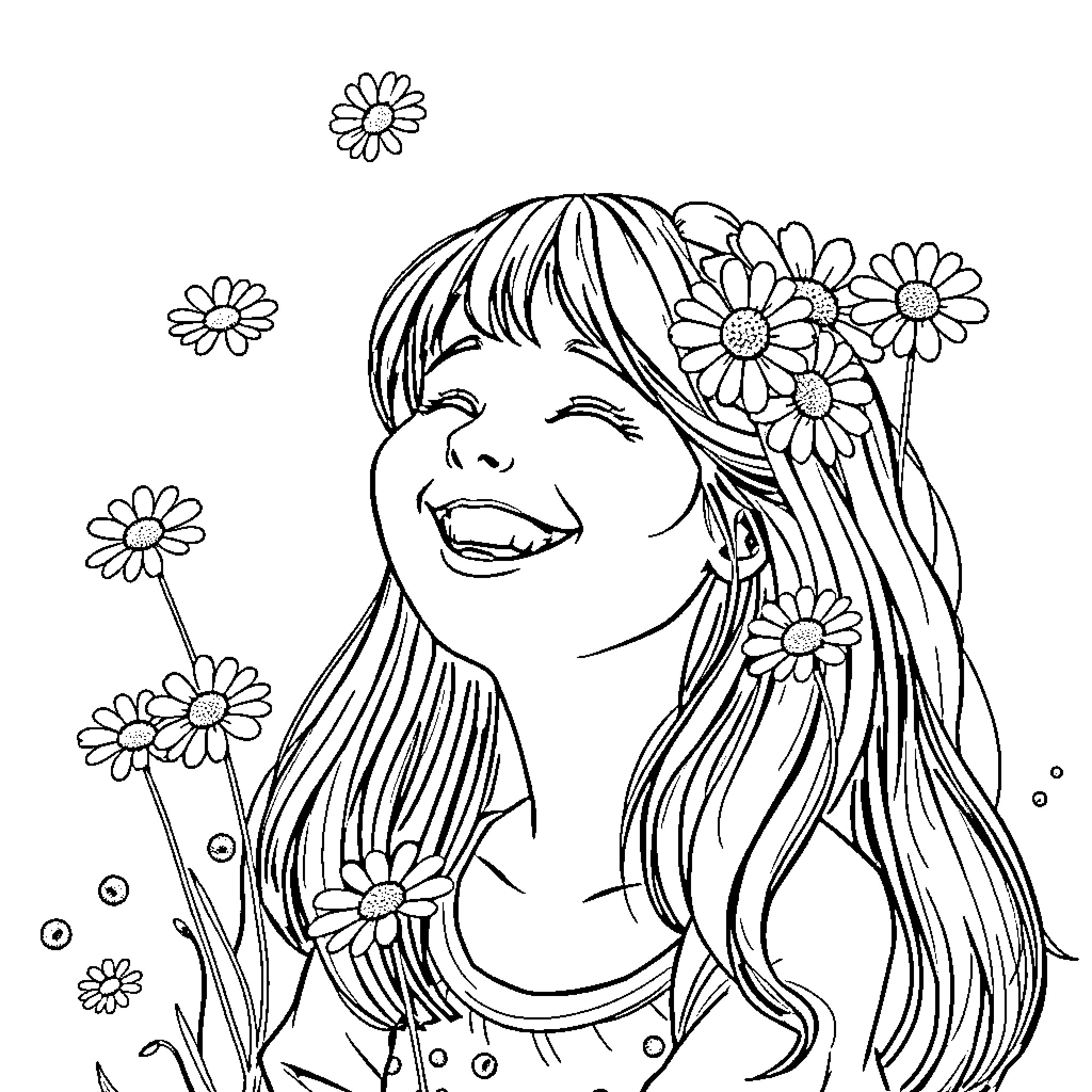 Amy laughing joyfully surrounded by blooming daisies Coloring Page (free black-and-white line drawing printable PDF for all, from beginners to advanced learners, including children, teens, adults, and seniors)