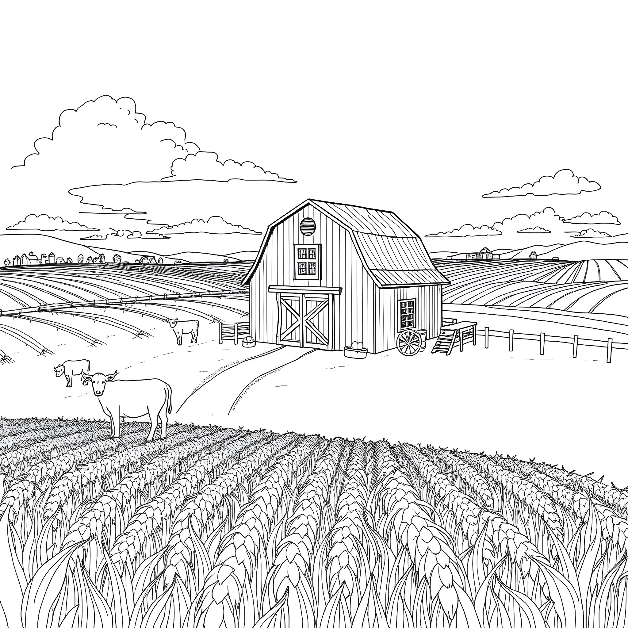 Farm scene with a rustic barn and grazing cattle Coloring Page (free black-and-white line drawing printable PDF for all, from beginners to advanced learners, including children, teens, adults, and seniors)