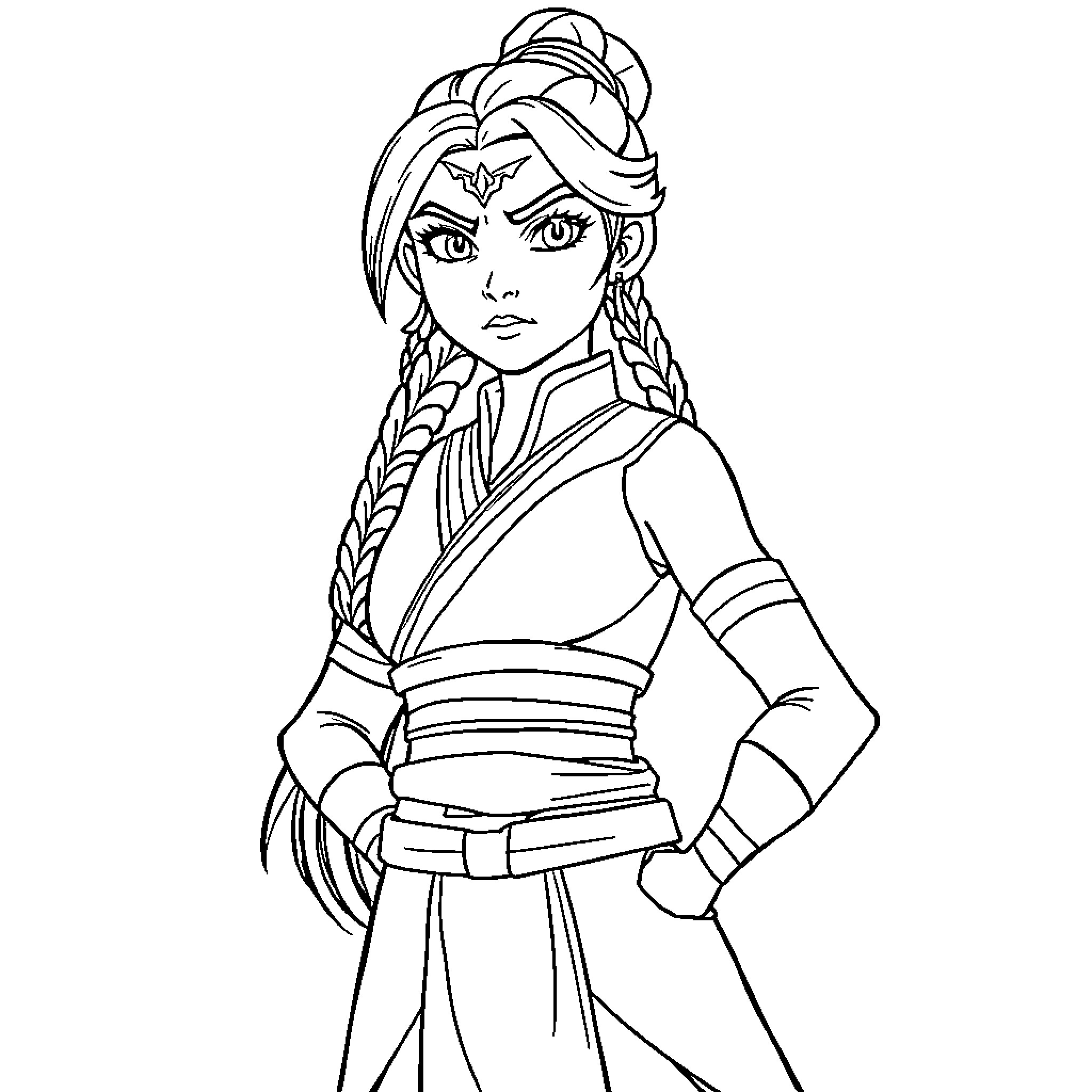 Korra in action-packed warrior attire Coloring Page (free black-and-white line drawing printable PDF for all, from beginners to advanced learners, including children, teens, adults, and seniors)