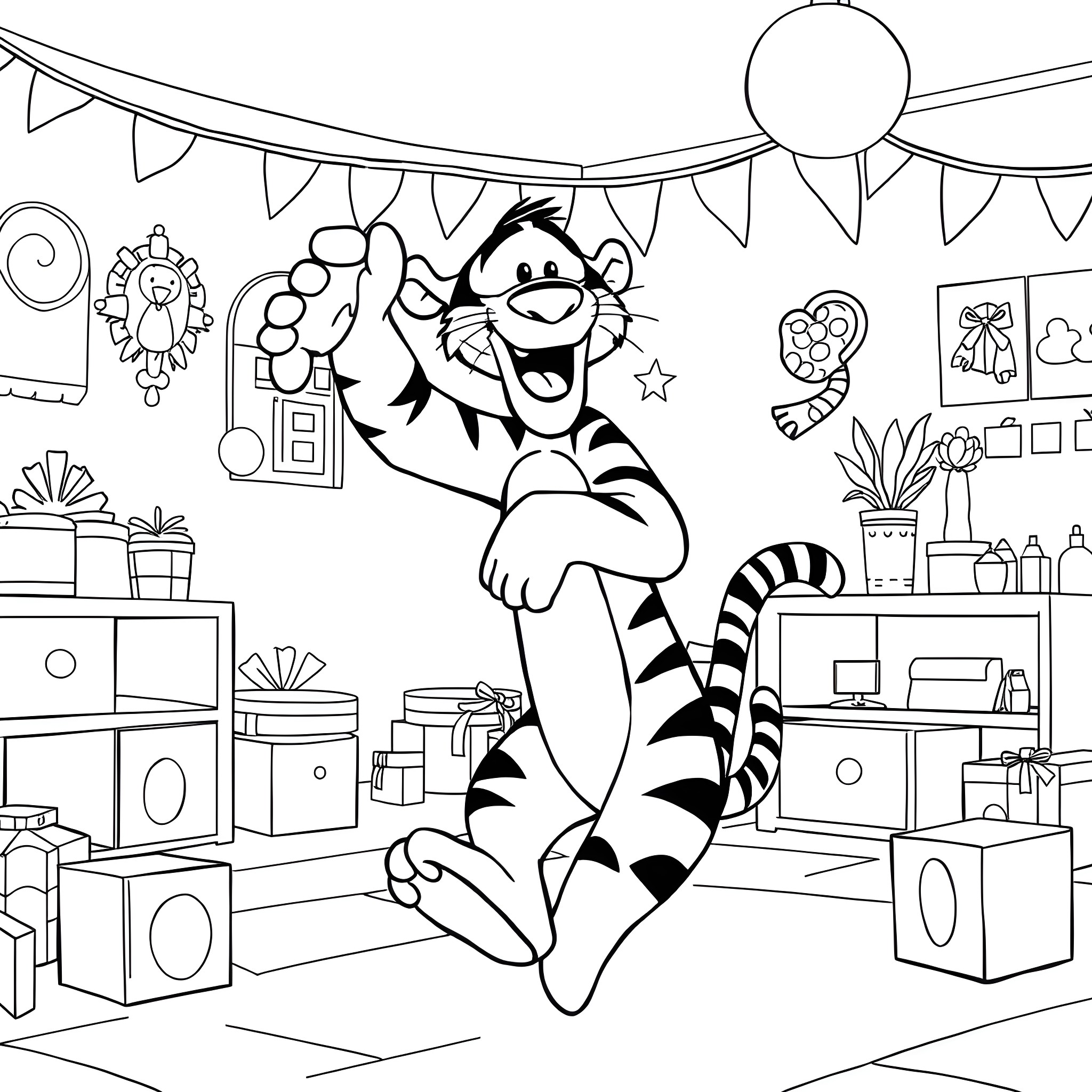 Tigger celebrates in a festive room Coloring Page (free black-and-white line drawing printable PDF for all, from beginners to advanced learners, including children, teens, adults, and seniors)