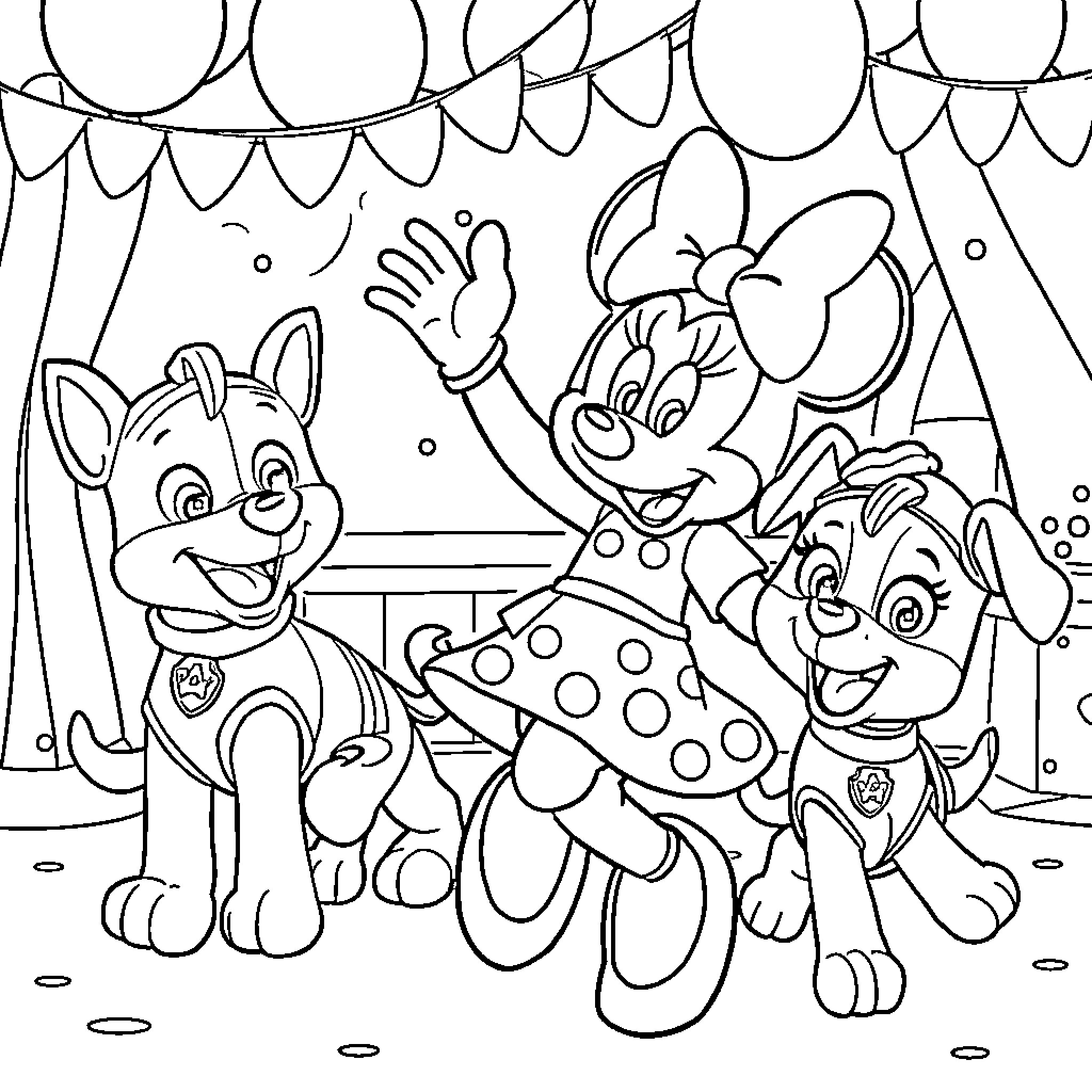 Minnie Mouse and Paw Patrol Friends Celebrate Coloring Page (free black-and-white line drawing printable PDF for all, from beginners to advanced learners, including children, teens, adults, and seniors)