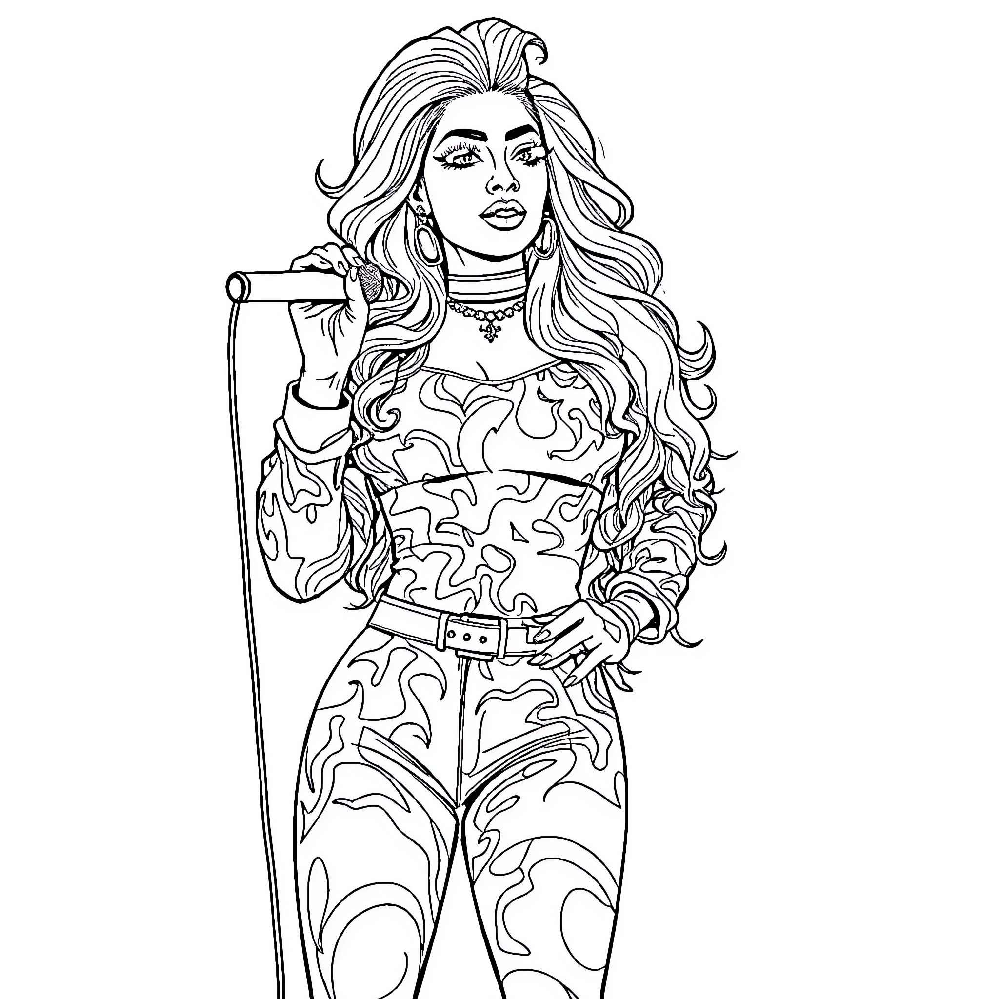 Nicki Minaj performing on stage with bold outfit Coloring Page (free black-and-white line drawing printable PDF for all, from beginners to advanced learners, including children, teens, adults, and seniors)