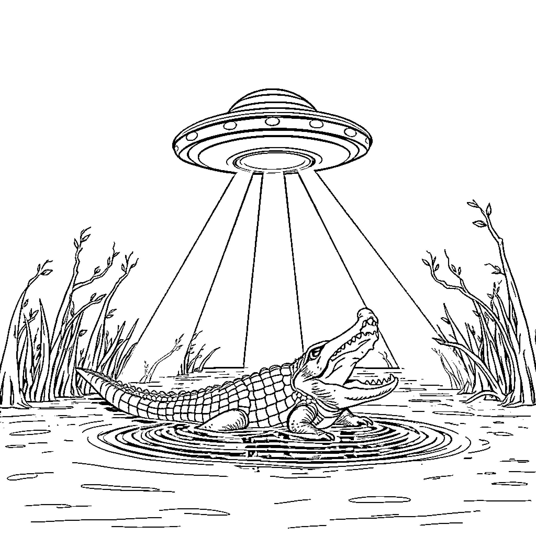 UFO abducting an alligator from a swamp Coloring Page (free black-and-white line drawing printable PDF for all, from beginners to advanced learners, including children, teens, adults, and seniors)