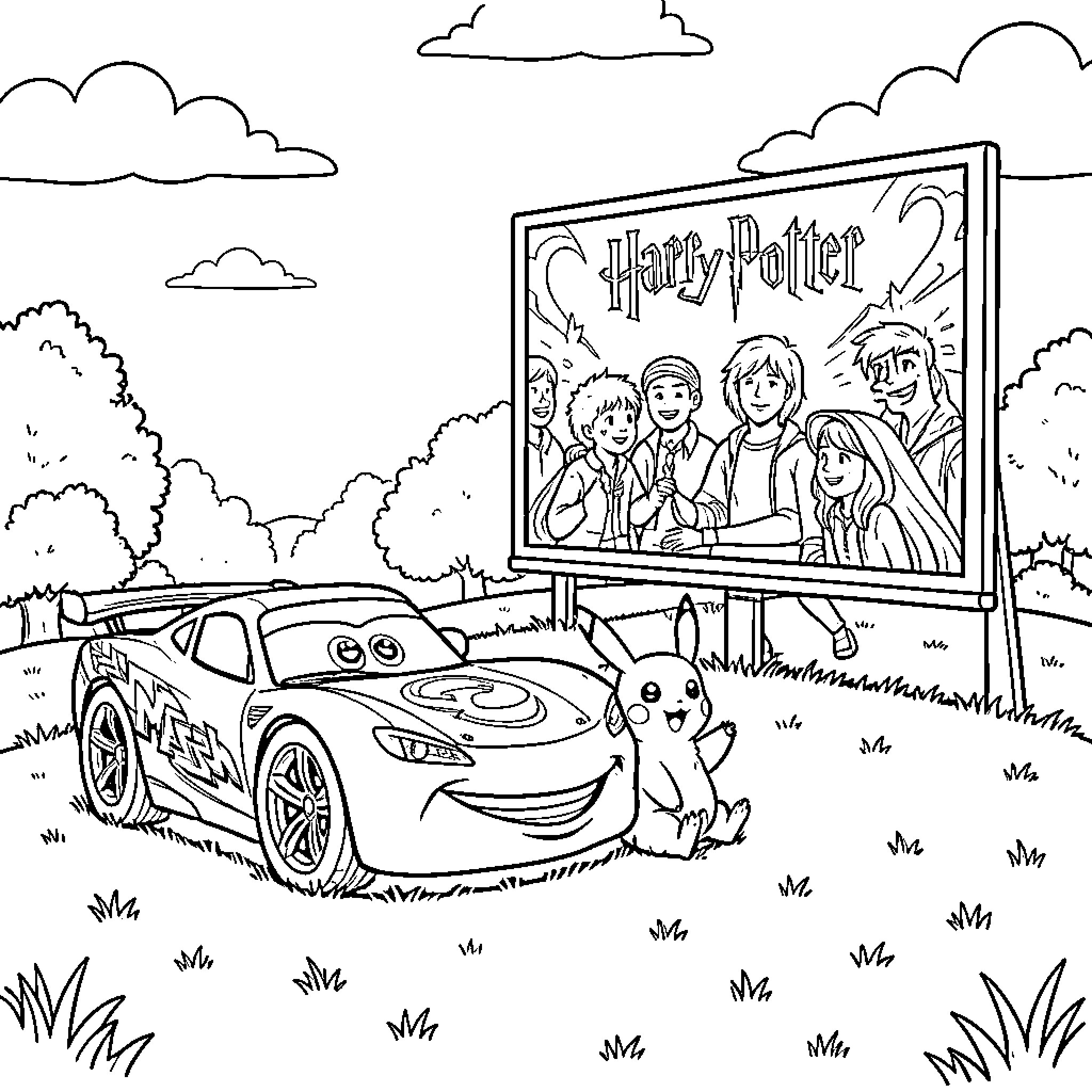 Flash McQueen posing with Pikachu near a movie billboard Coloring Page (free black-and-white line drawing printable PDF for all, from beginners to advanced learners, including children, teens, adults, and seniors)