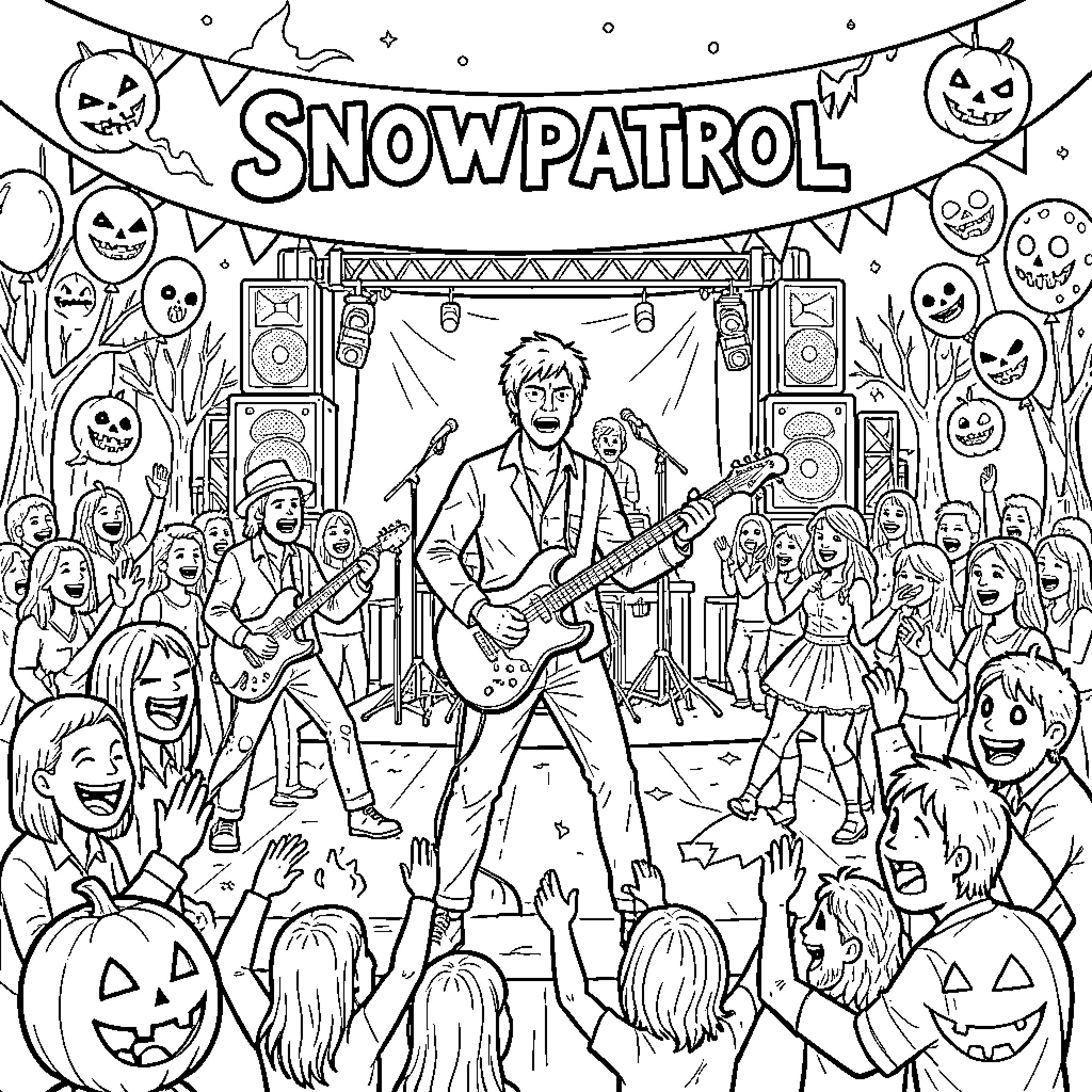 Snowpatrol band performing music for a cheering crowd Coloring Page (free black-and-white line drawing printable PDF for all, from beginners to advanced learners, including children, teens, adults, and seniors)