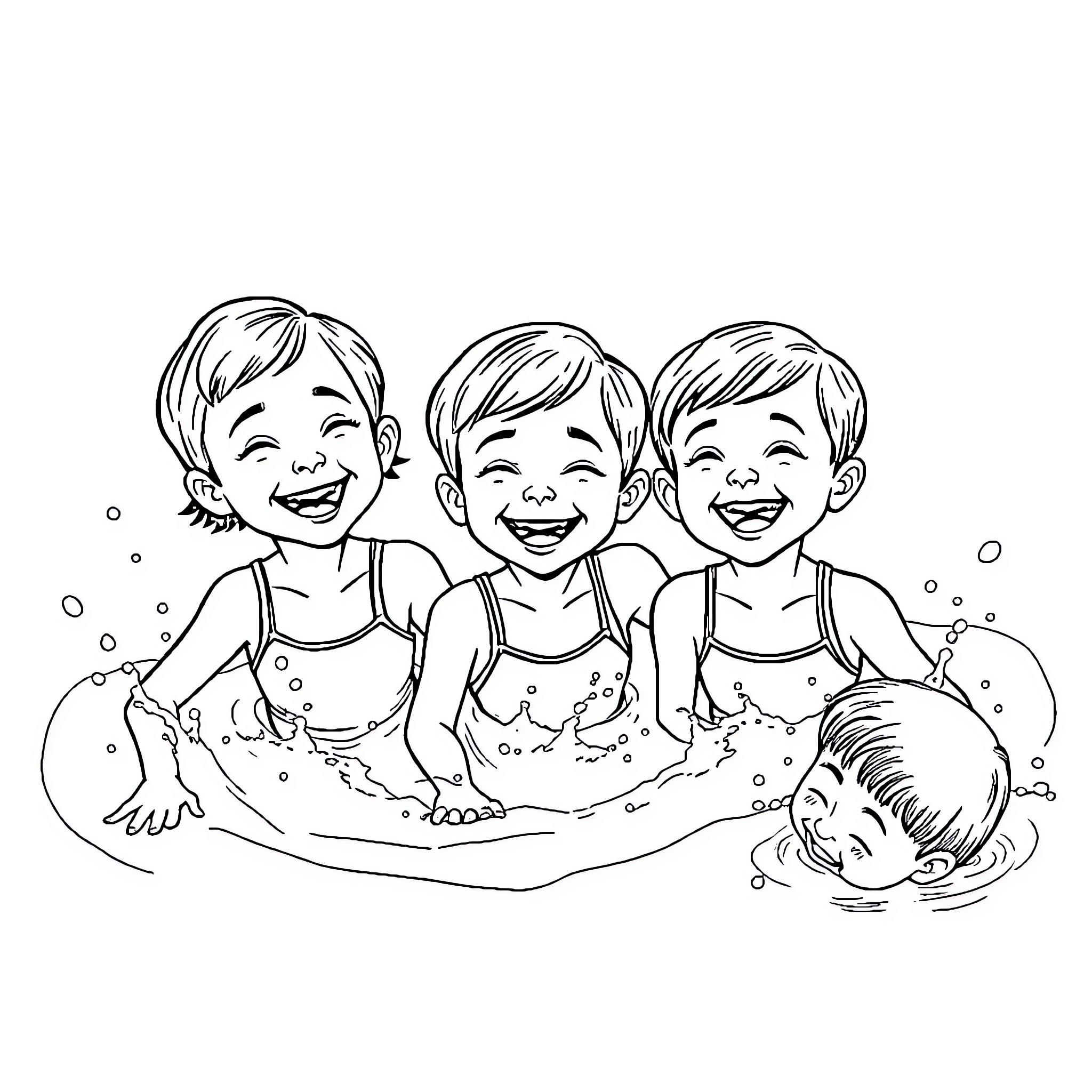 Children Playing Happily in the Bathtub Coloring Page (free black-and-white line drawing printable PDF for all, from beginners to advanced learners, including children, teens, adults, and seniors)