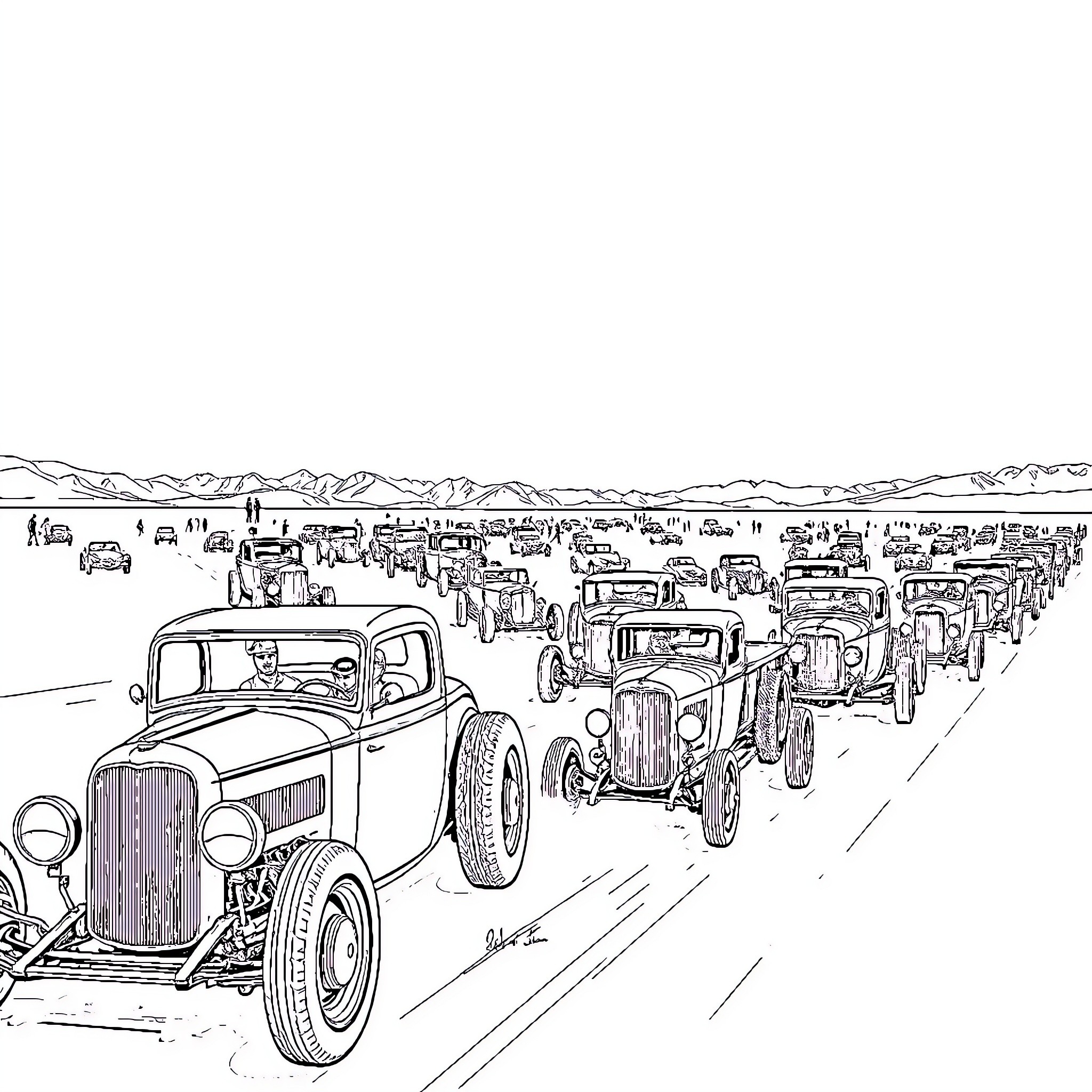 Hot Rod Classic Cars Cruising on the Open Road Coloring Page (free black-and-white line drawing printable PDF for all, from beginners to advanced learners, including children, teens, adults, and seniors)