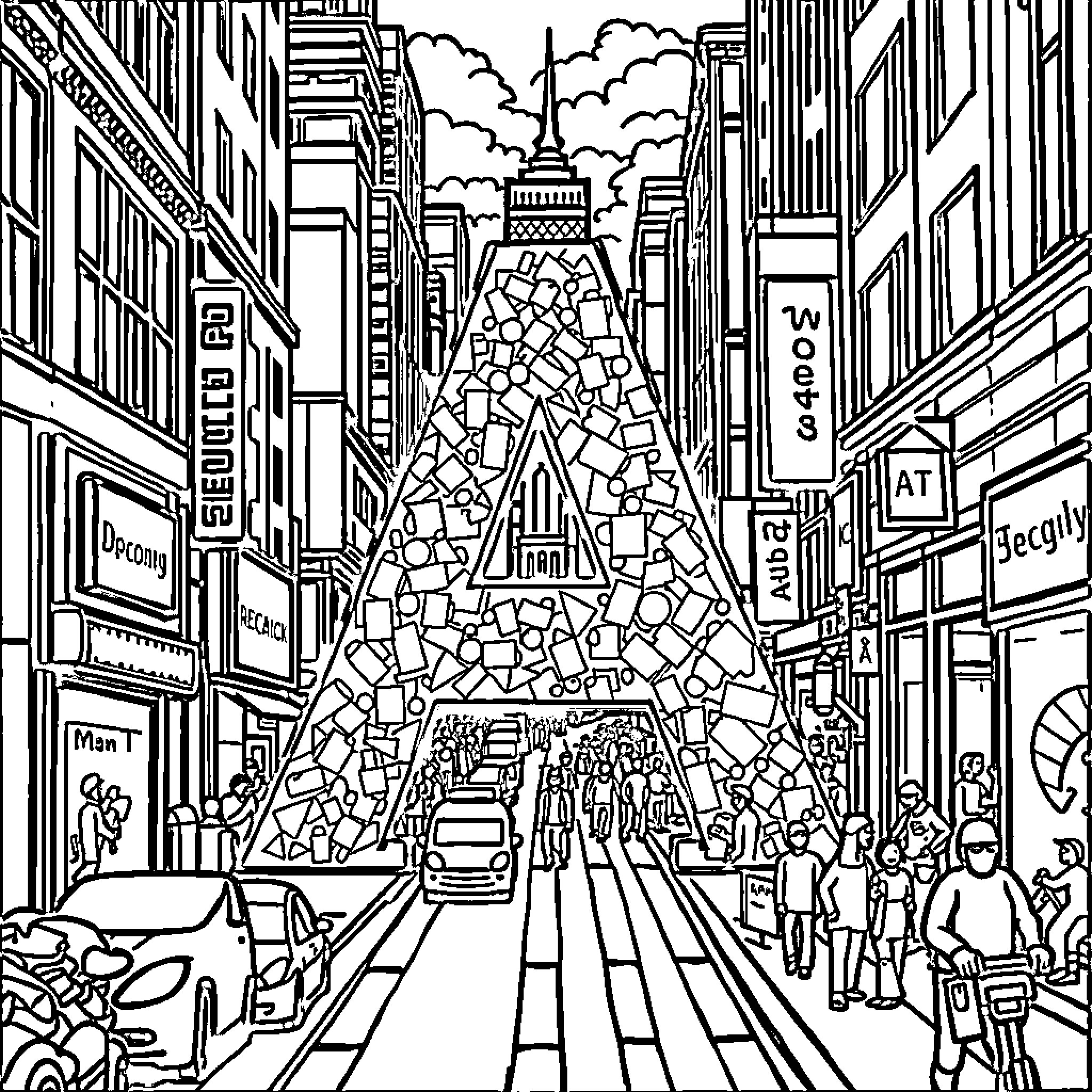 Letter A: Bustling City Street Scene with Iconic Tower Coloring Page (free black-and-white line drawing printable PDF for all, from beginners to advanced learners, including children, teens, adults, and seniors)
