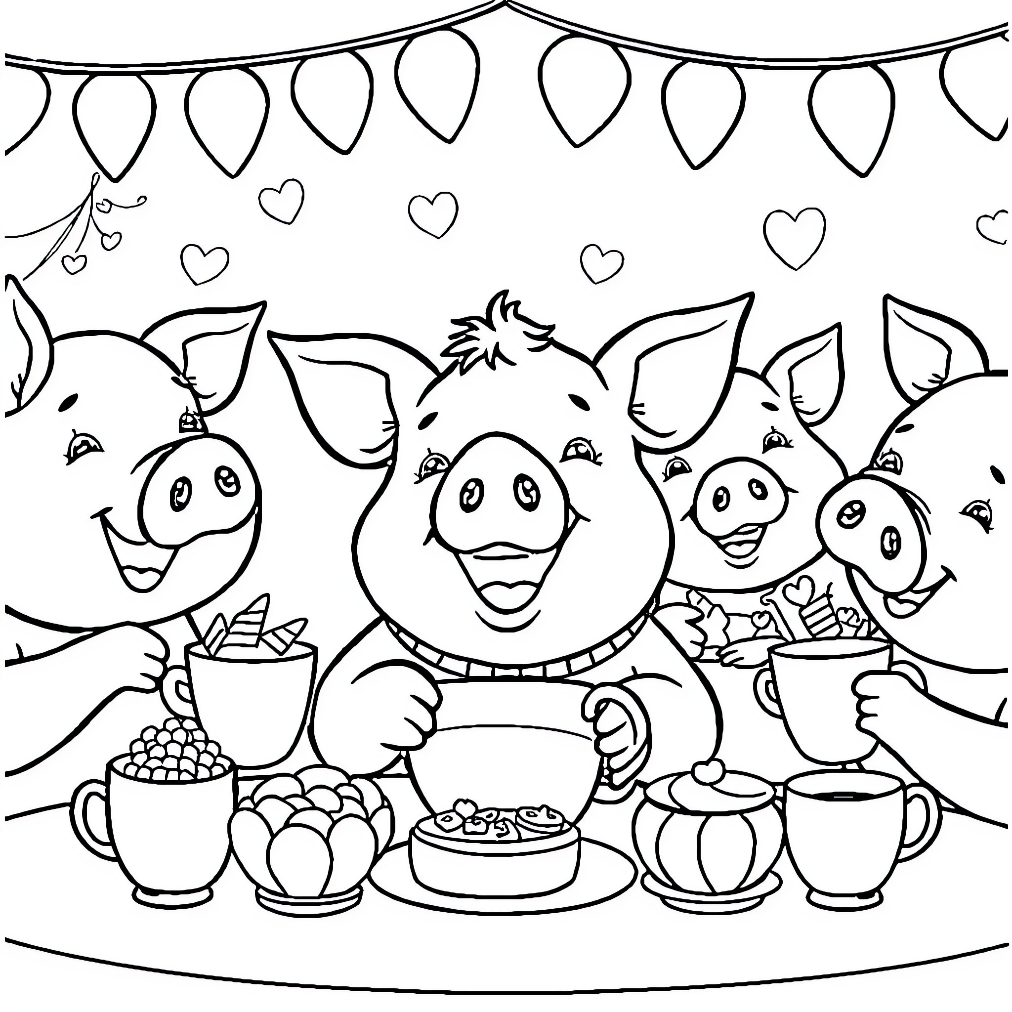 Pig party with festive decorations and treats Coloring Page (free black-and-white line drawing printable PDF for all, from beginners to advanced learners, including children, teens, adults, and seniors)