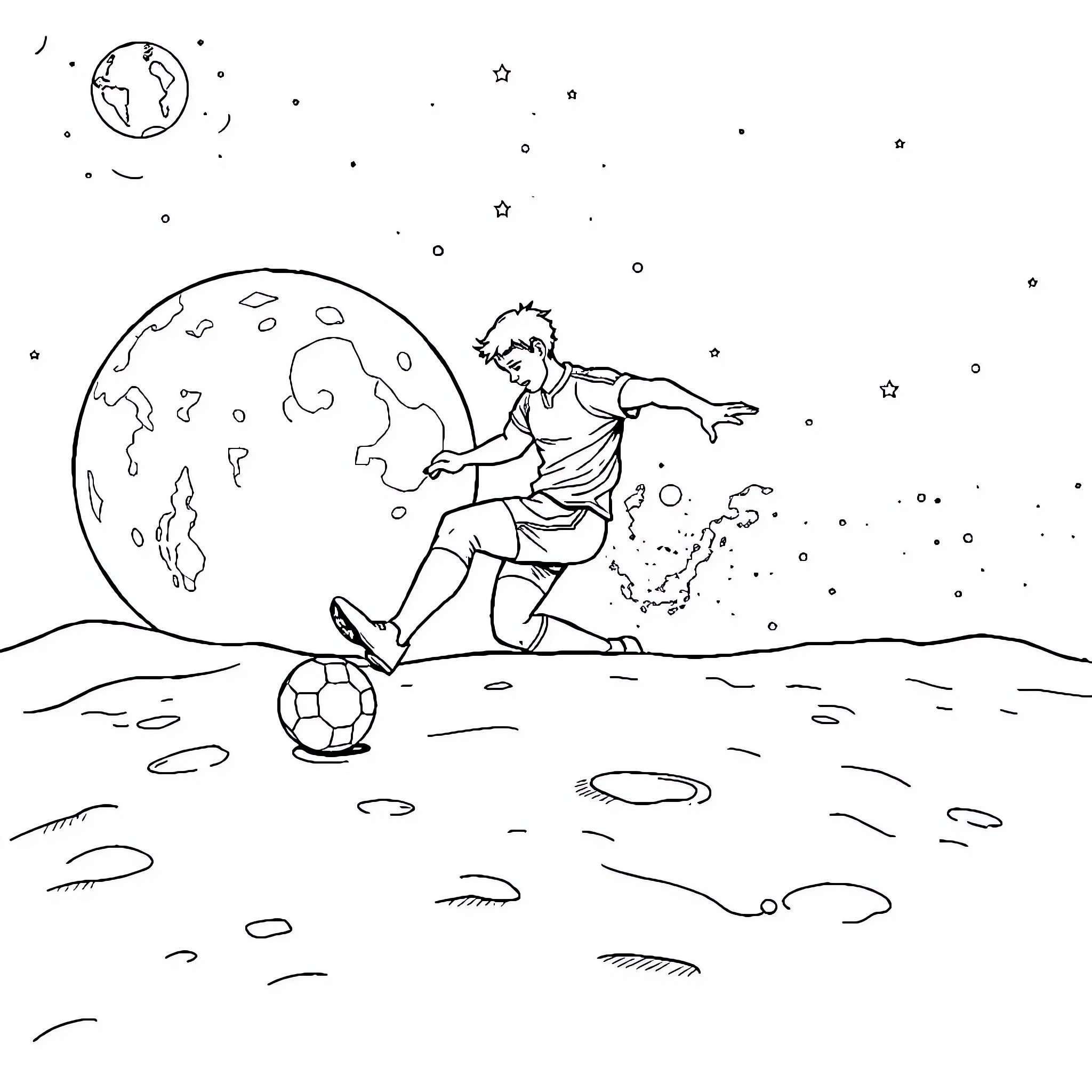 Footballer kicking ball on extraterrestrial landscape Coloring Page (free black-and-white line drawing printable PDF for all, from beginners to advanced learners, including children, teens, adults, and seniors)