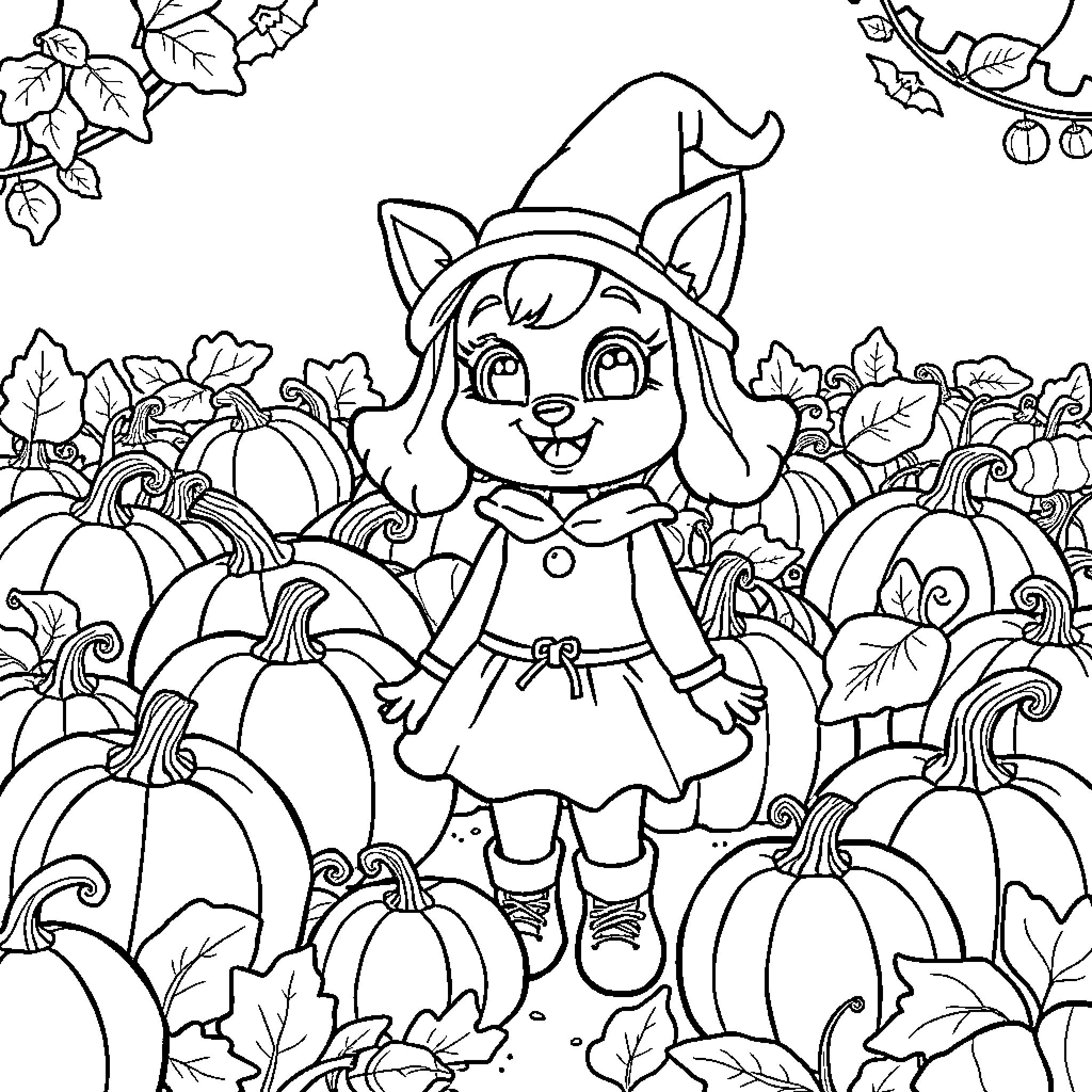 Bluey's Autumn Adventure with Pumpkins Coloring Page (free black-and-white line drawing printable PDF for all, from beginners to advanced learners, including children, teens, adults, and seniors)