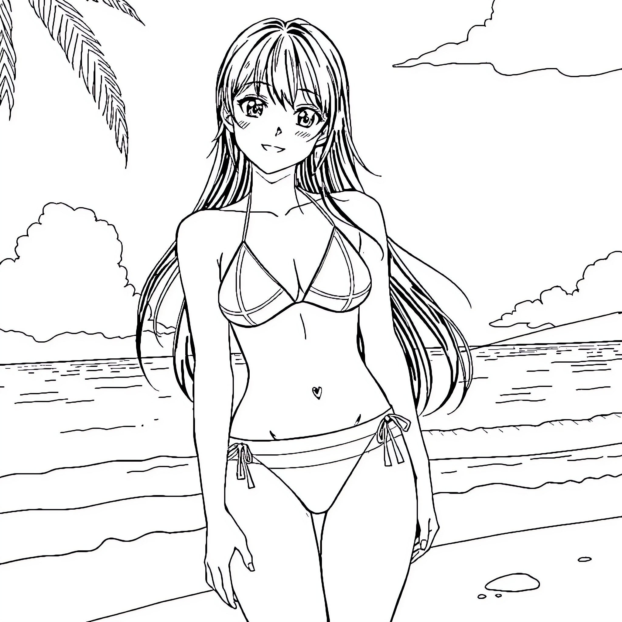 Hinata enjoying a day at the beach Coloring Page (free black-and-white line drawing printable PDF for all, from beginners to advanced learners, including children, teens, adults, and seniors)