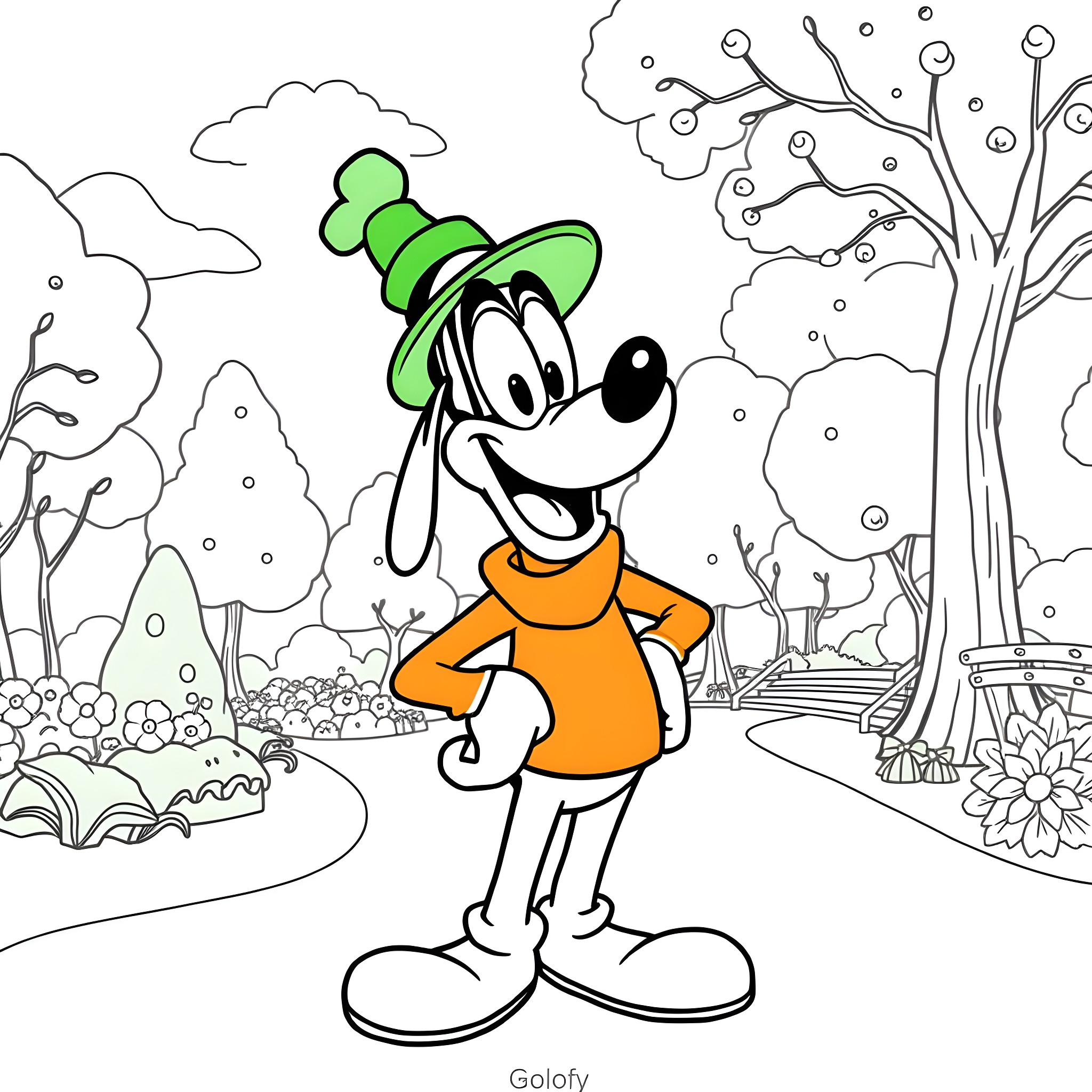 Goofy cartoon character in a snowy winter landscape Coloring Page (free black-and-white line drawing printable PDF for all, from beginners to advanced learners, including children, teens, adults, and seniors)
