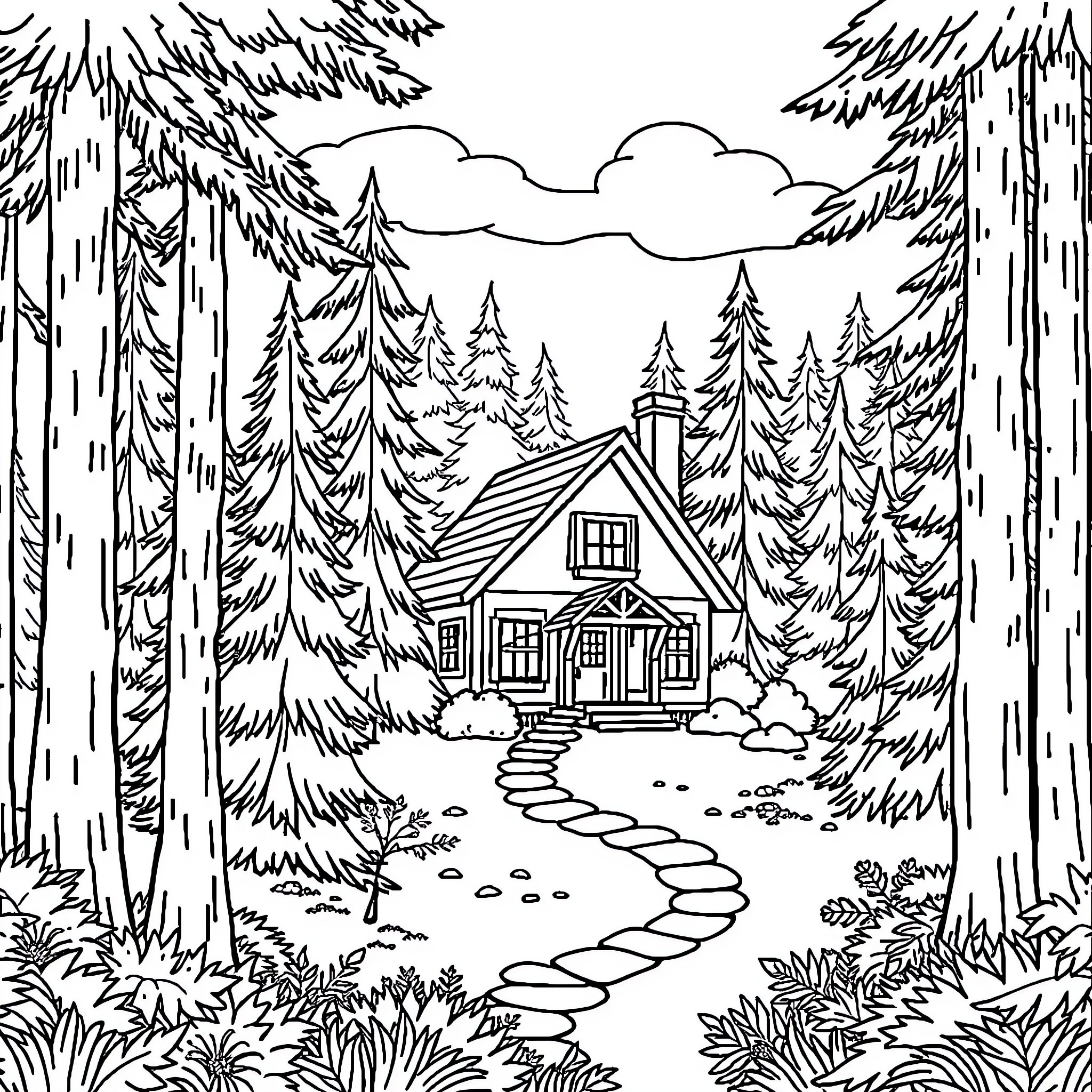 House in a Serene Forest Landscape Coloring Page (free black-and-white line drawing printable PDF for all, from beginners to advanced learners, including children, teens, adults, and seniors)