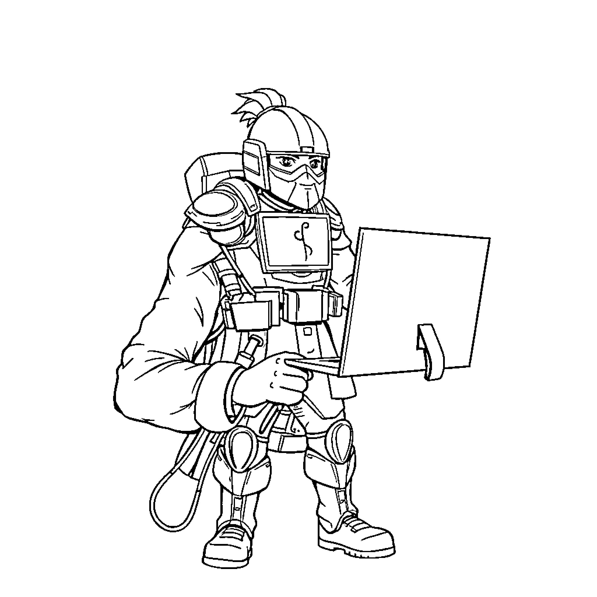 IT Warrior Equipped for Digital Conquest Coloring Page (free black-and-white line drawing printable PDF for all, from beginners to advanced learners, including children, teens, adults, and seniors)