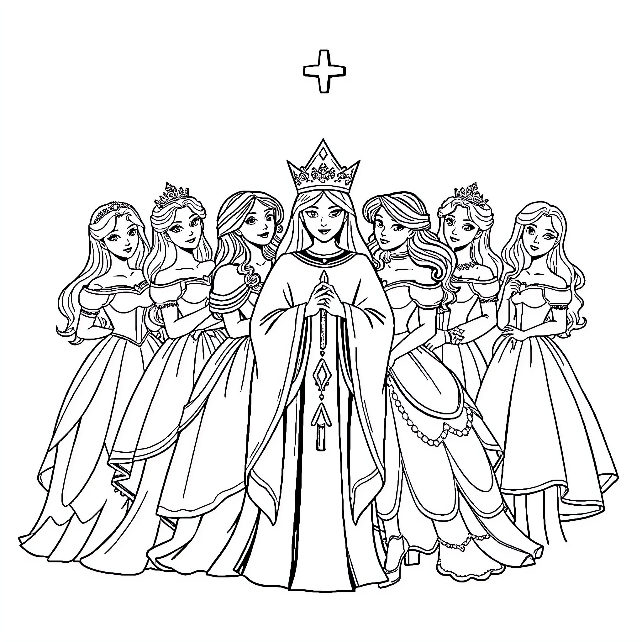 Mercredi: Princesses Gathered in Formal Attire Coloring Page (free black-and-white line drawing printable PDF for all, from beginners to advanced learners, including children, teens, adults, and seniors)