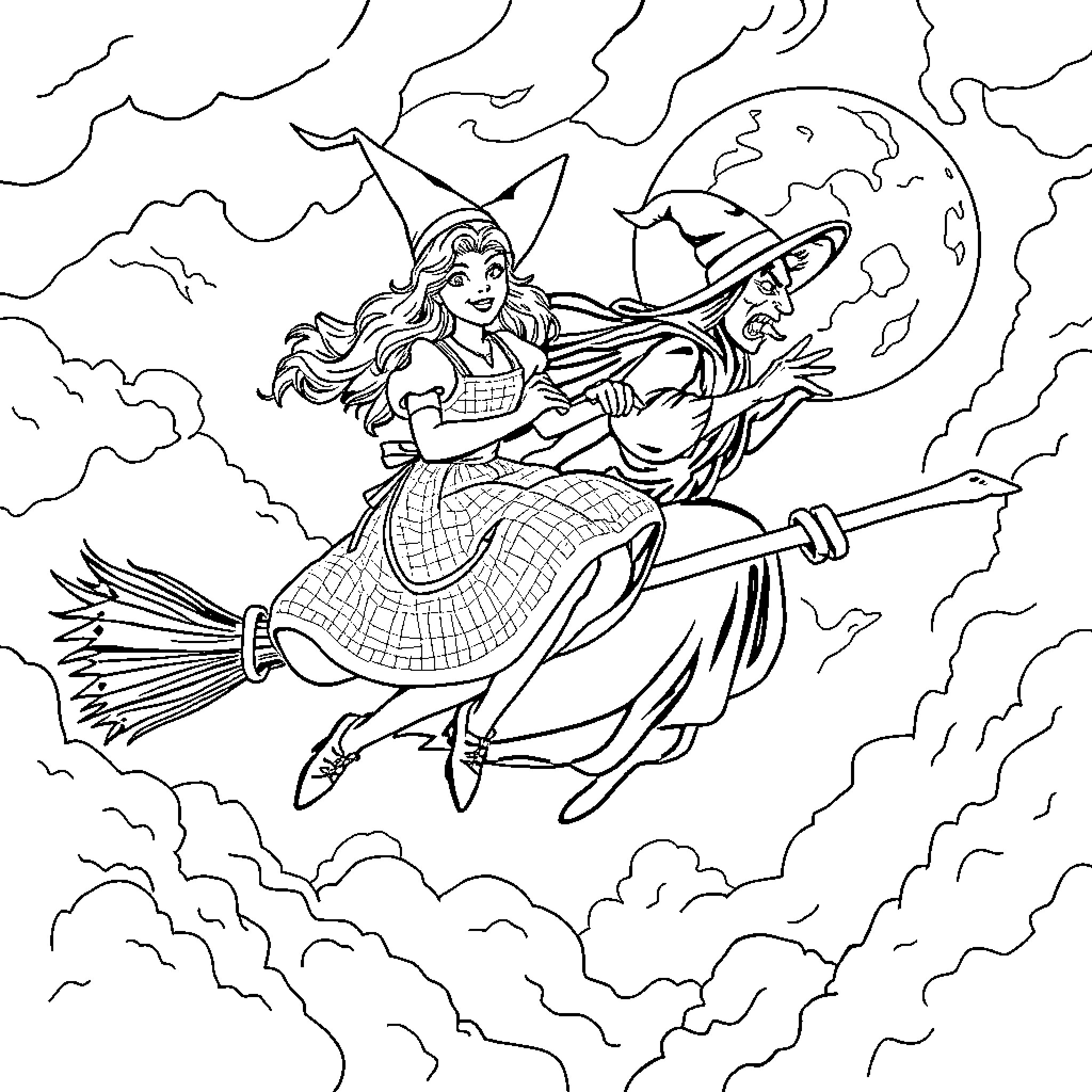 Dorothy's Magical Moonlight Adventure Coloring Page (free black-and-white line drawing printable PDF for all, from beginners to advanced learners, including children, teens, adults, and seniors)