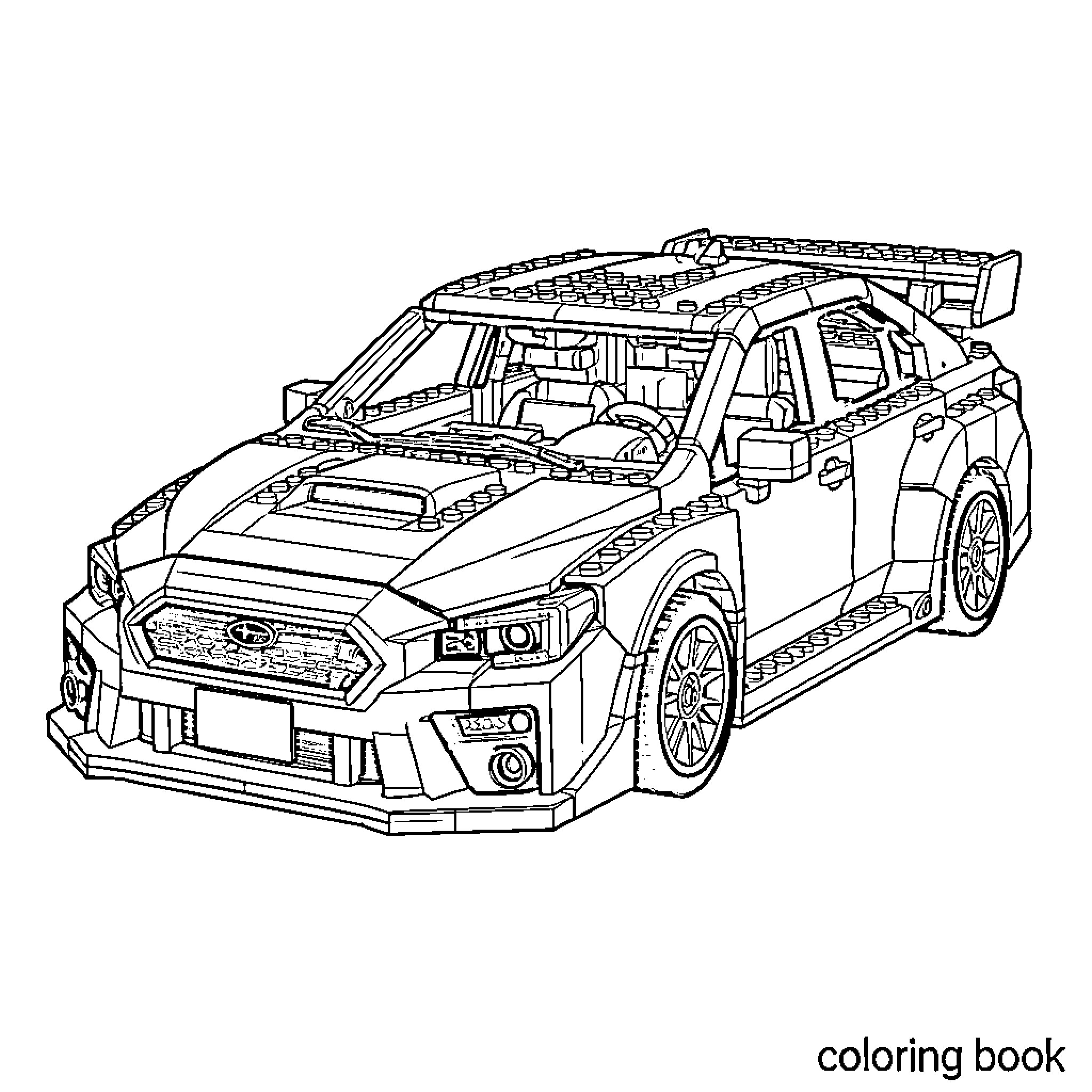 Subaru WRX STI constructed from toy building blocks Coloring Page (free black-and-white line drawing printable PDF for all, from beginners to advanced learners, including children, teens, adults, and seniors)