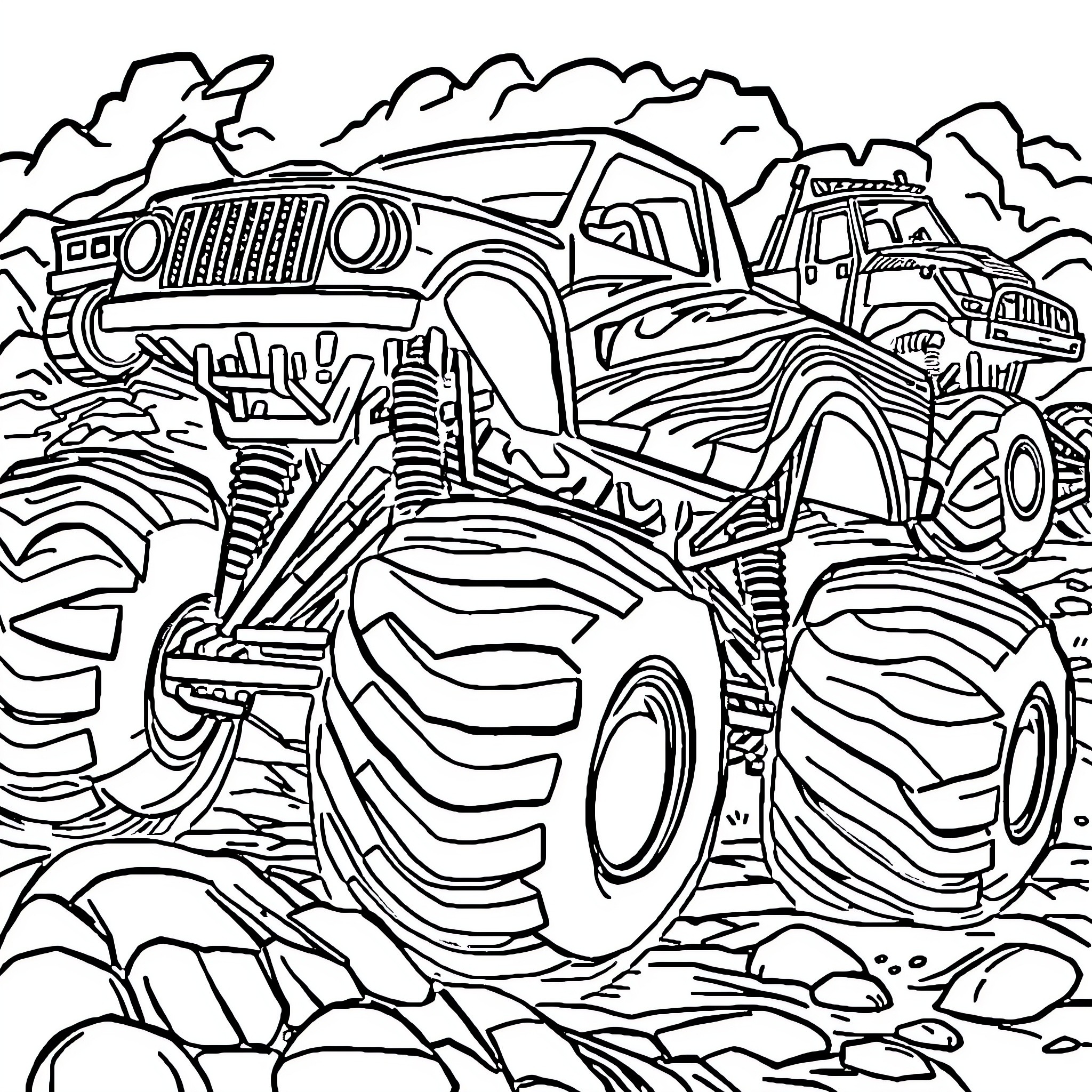 Monster trucks navigating rugged terrain Coloring Page (free black-and-white line drawing printable PDF for all, from beginners to advanced learners, including children, teens, adults, and seniors)