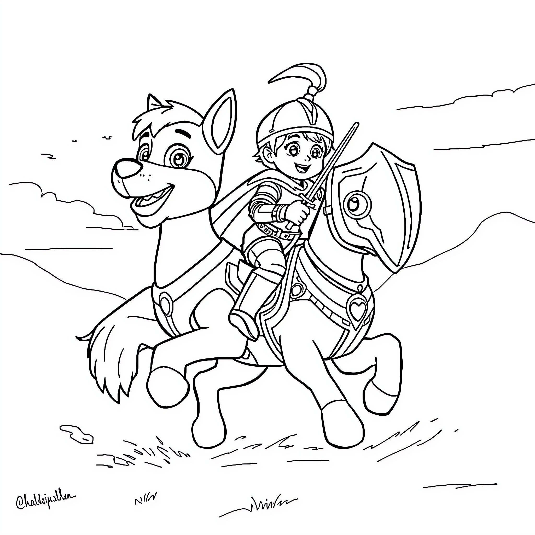 Rider and his loyal companion explore the countryside Coloring Page (free black-and-white line drawing printable PDF for all, from beginners to advanced learners, including children, teens, adults, and seniors)