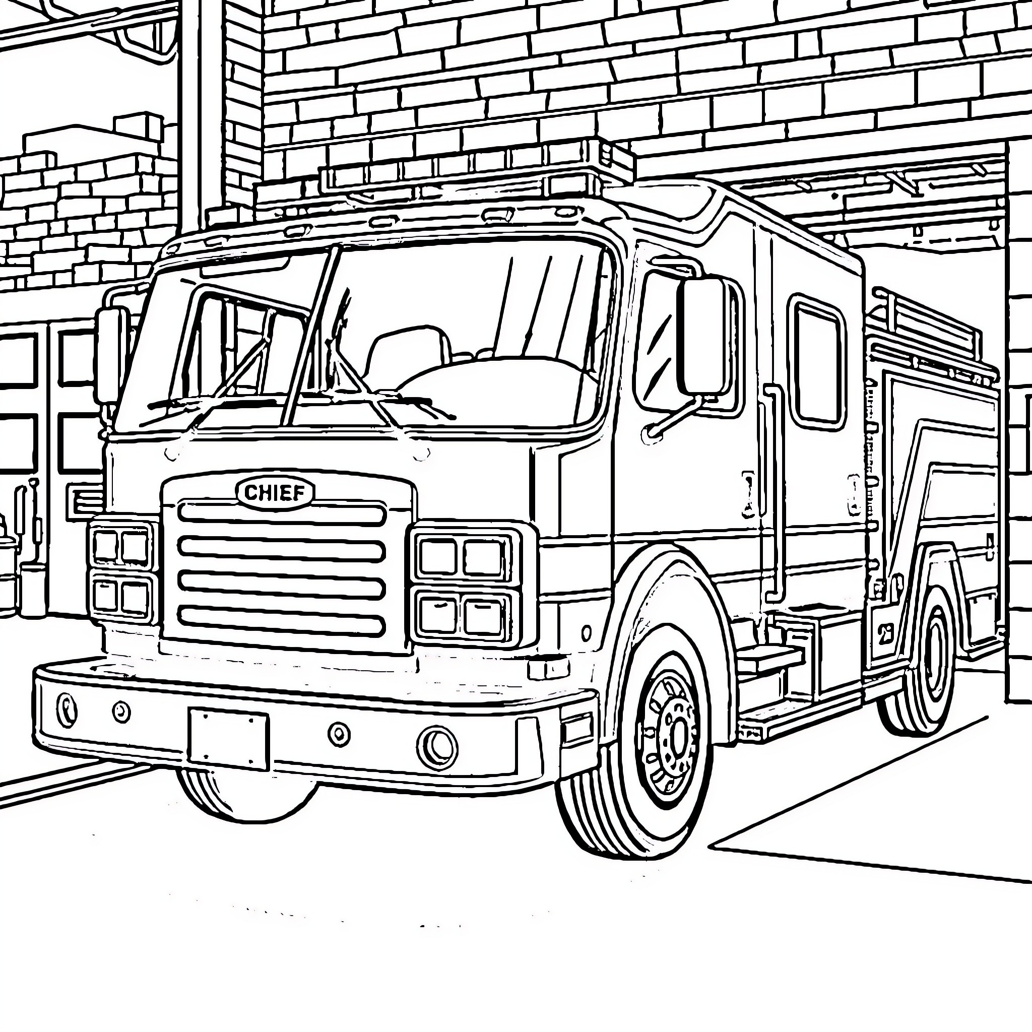Firefighter Truck in Action at the Station Coloring Page (free black-and-white line drawing printable PDF for all, from beginners to advanced learners, including children, teens, adults, and seniors)